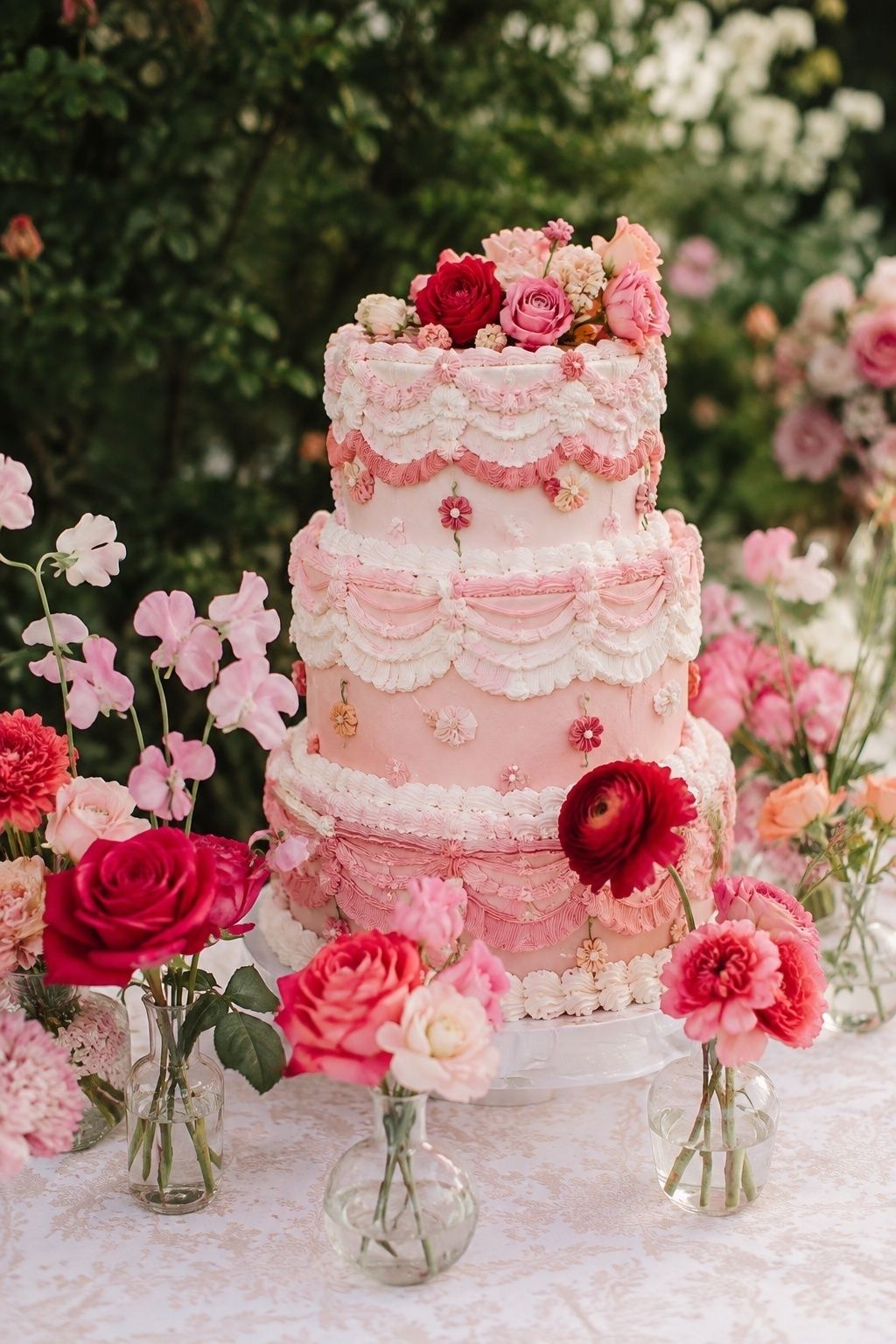 Pink and red vintage cake with floral piping