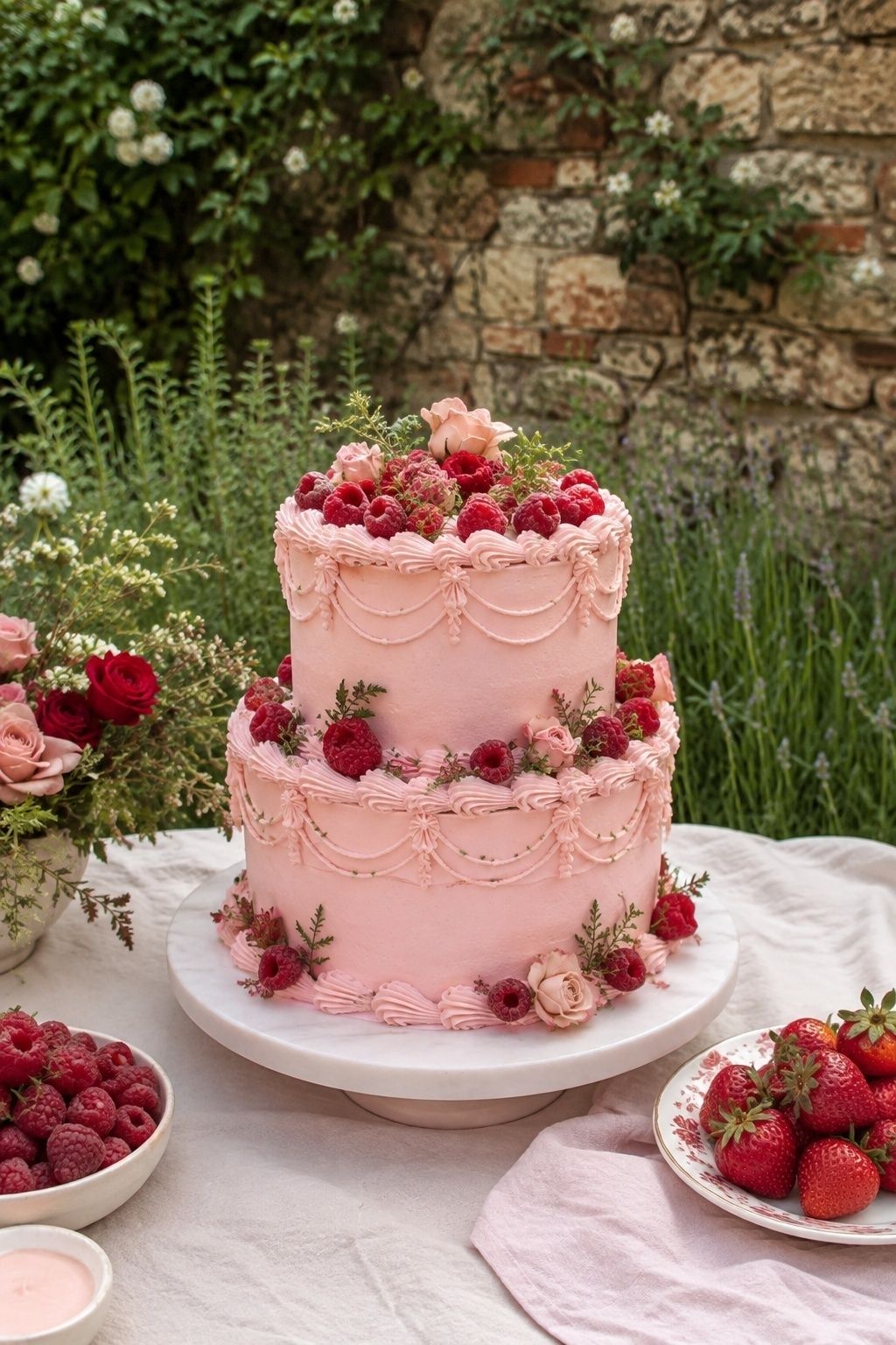 Garden-style pink and red cake with flowers