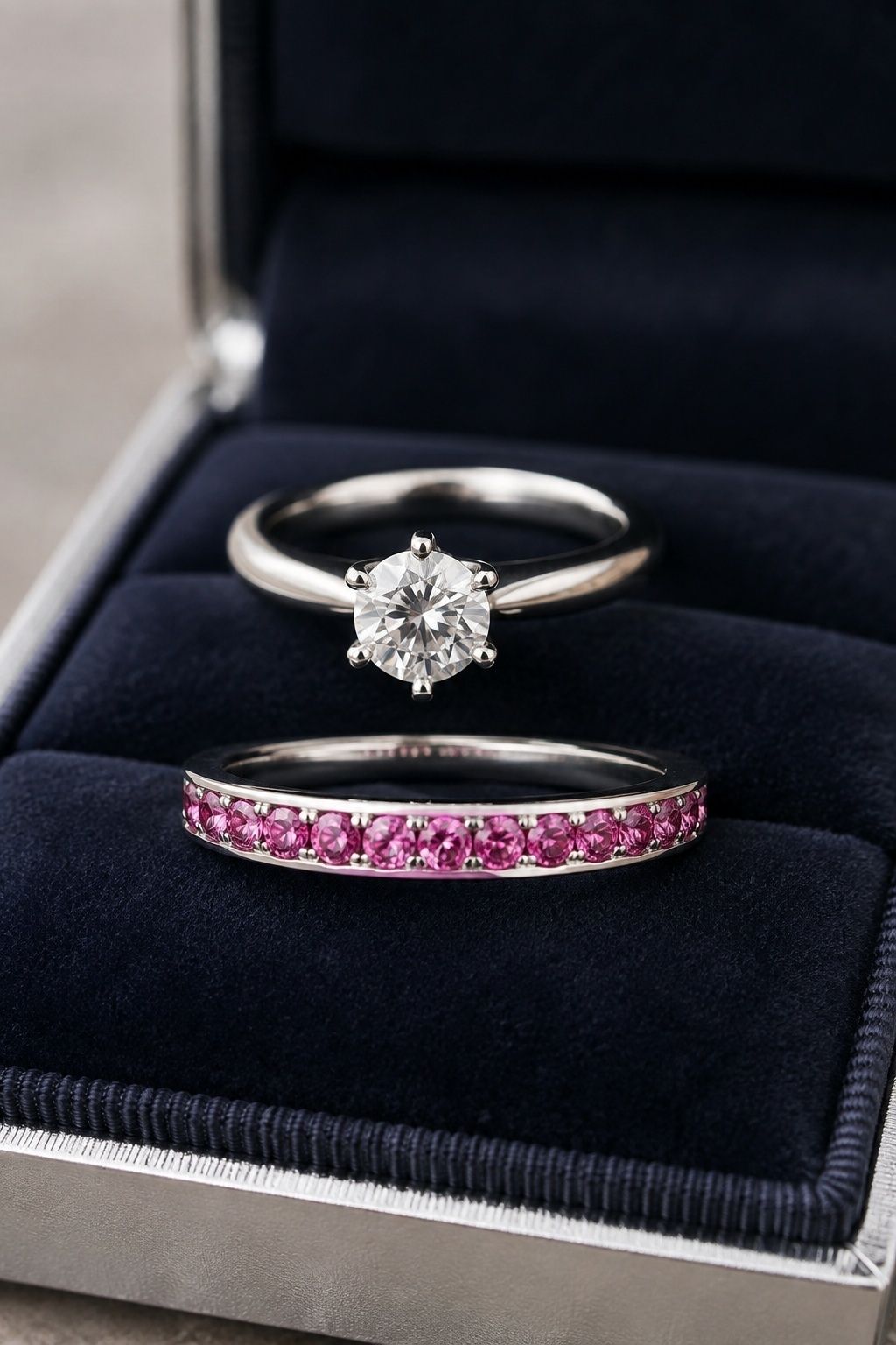 White gold band with vivid pink diamonds