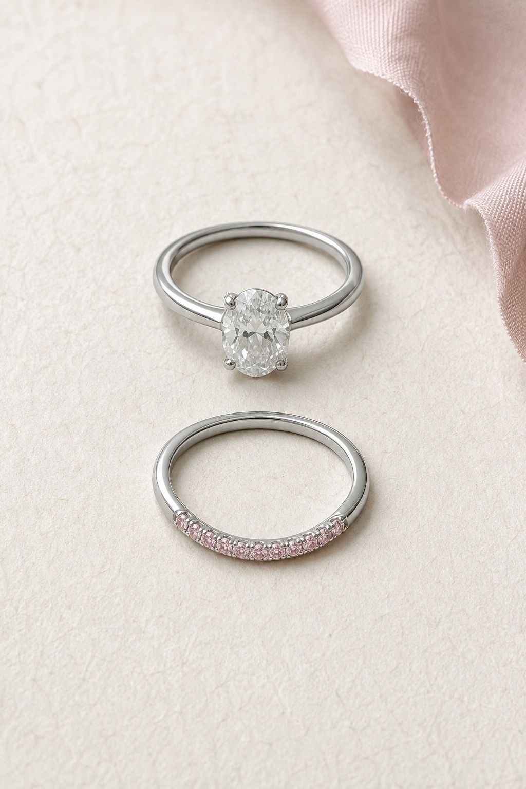 Curved pink diamond wedding band