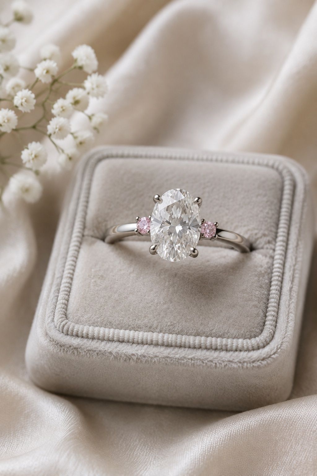 Pink diamond accent band beside a white diamond ring