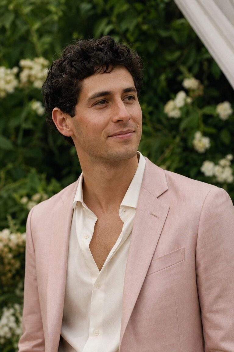 Groom wearing a blush silk suit with a warm ivory shirt