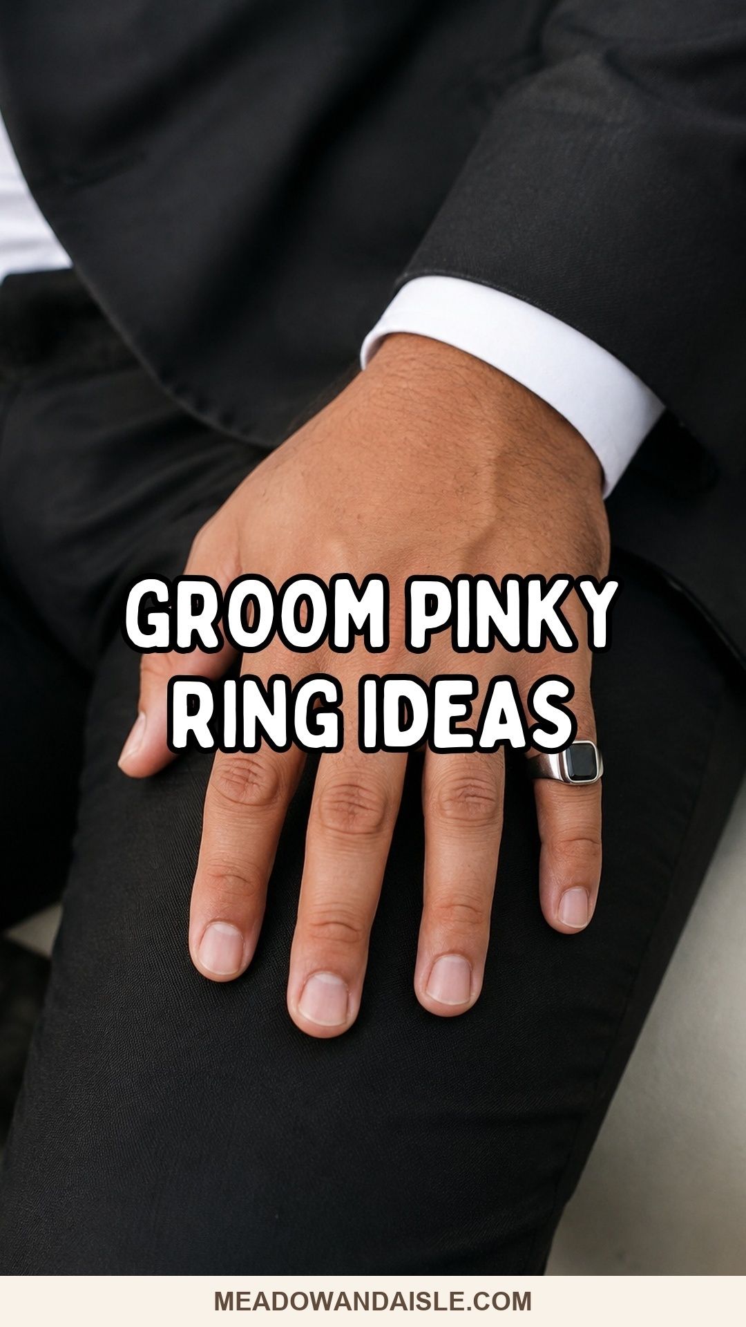 Groom pinky ring ideas with silver signet and black suit
