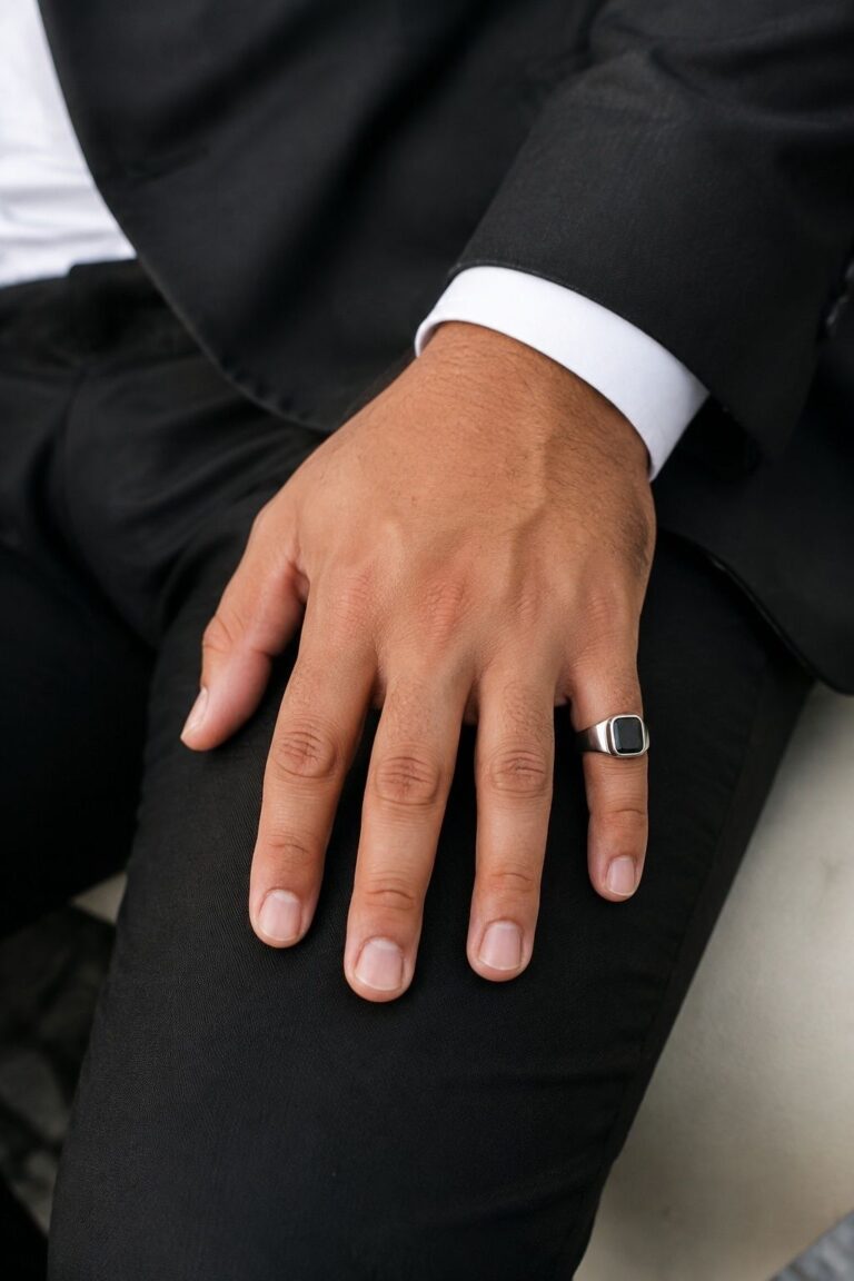 Silver Signet Pinky Ring With A Black Suit
