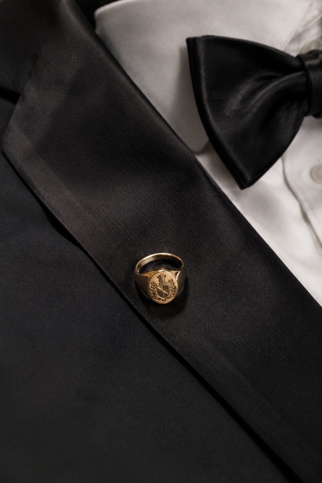 Family crest signet ring with a classic tuxedo