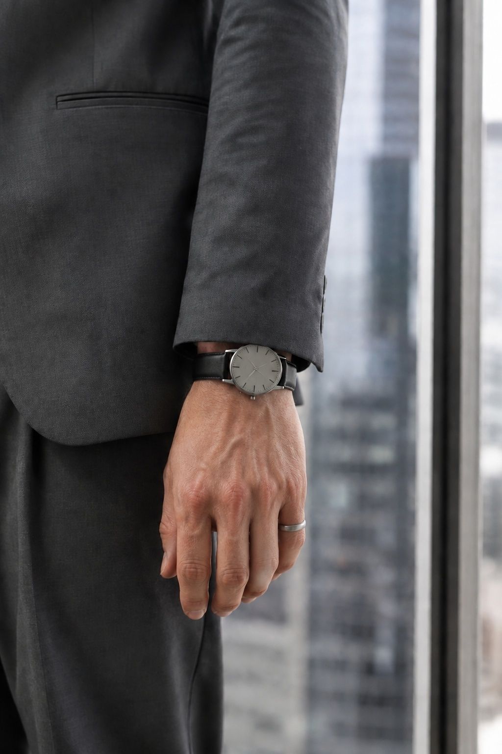 Matte pinky ring on a groom in modern tailoring
