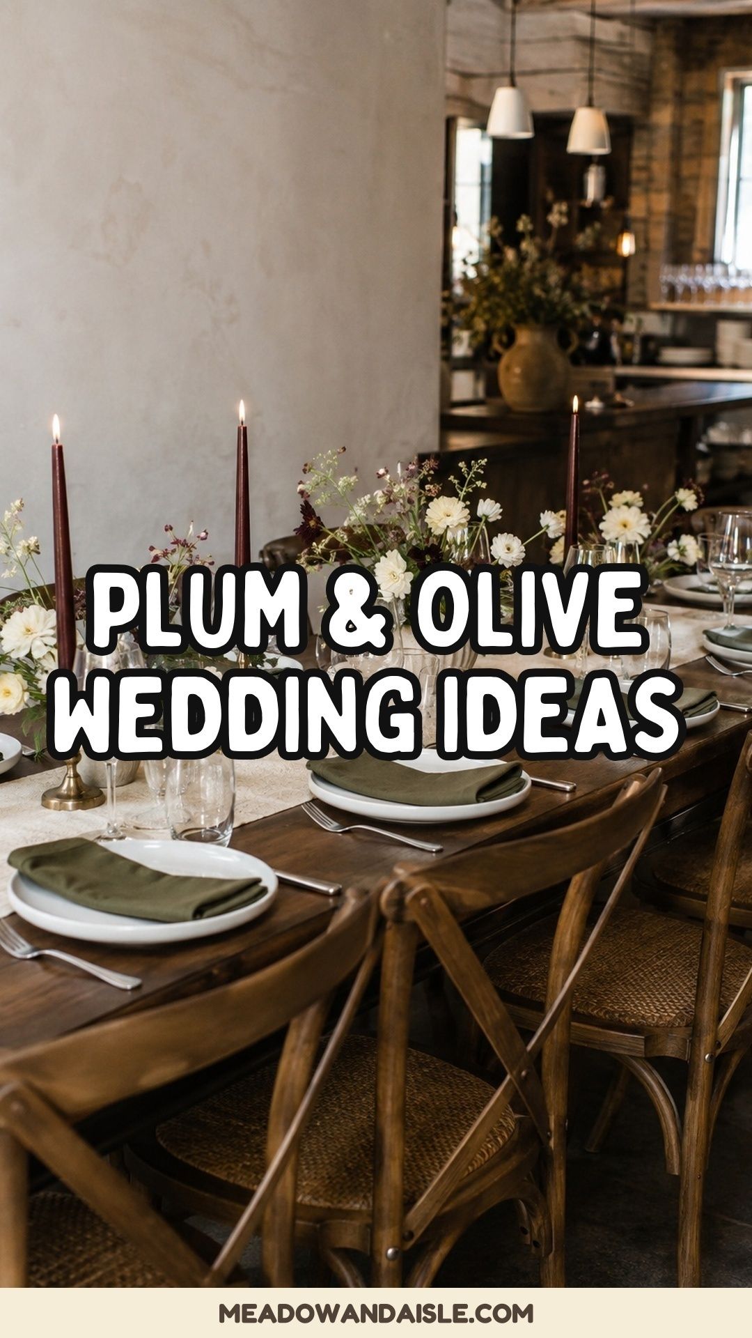 Pinterest pin with the title Plum and Olive Wedding Ideas