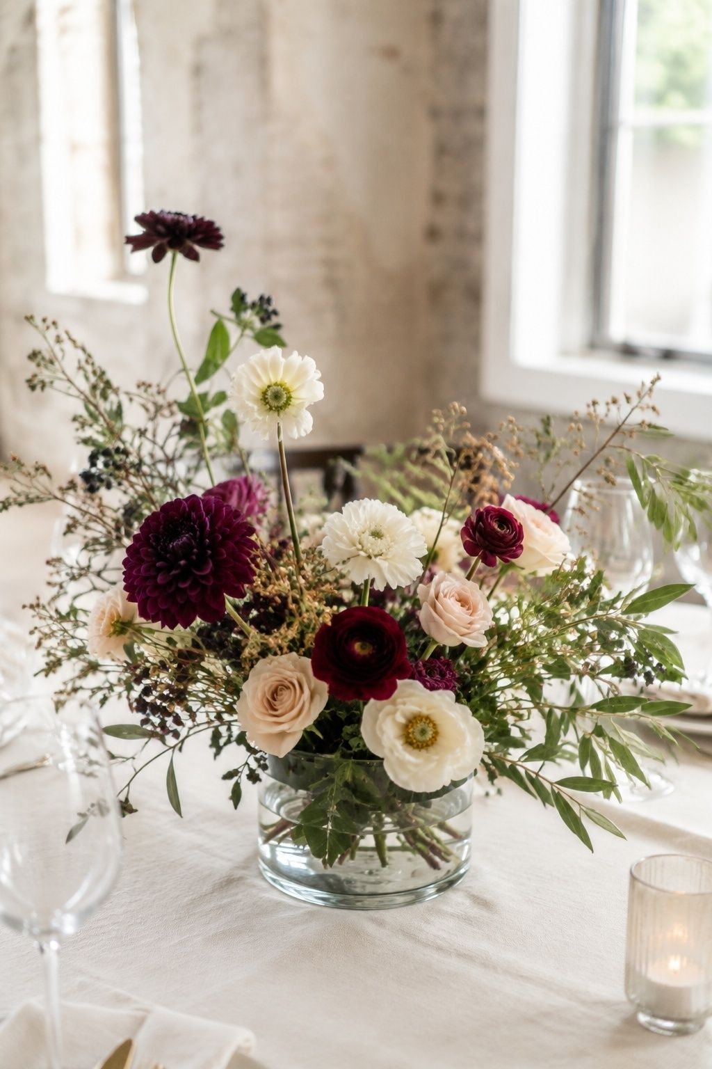 Deep, airy plum and olive flower arrangements