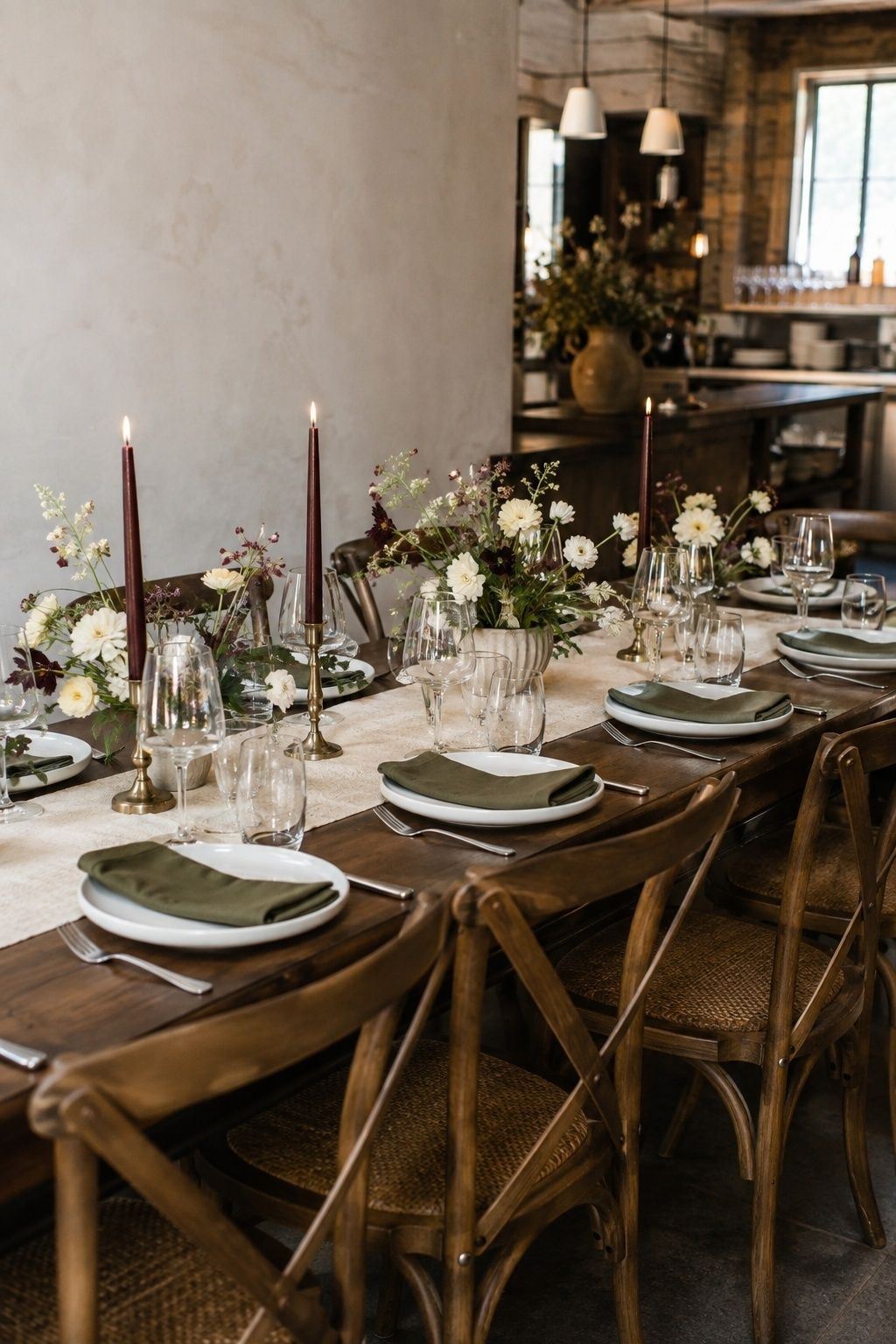 Open plum and olive table styling