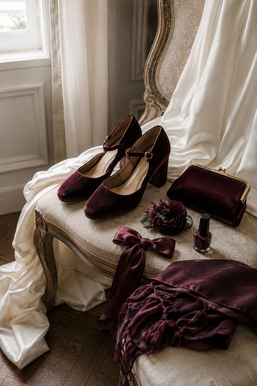 Polished plum touches in wedding attire