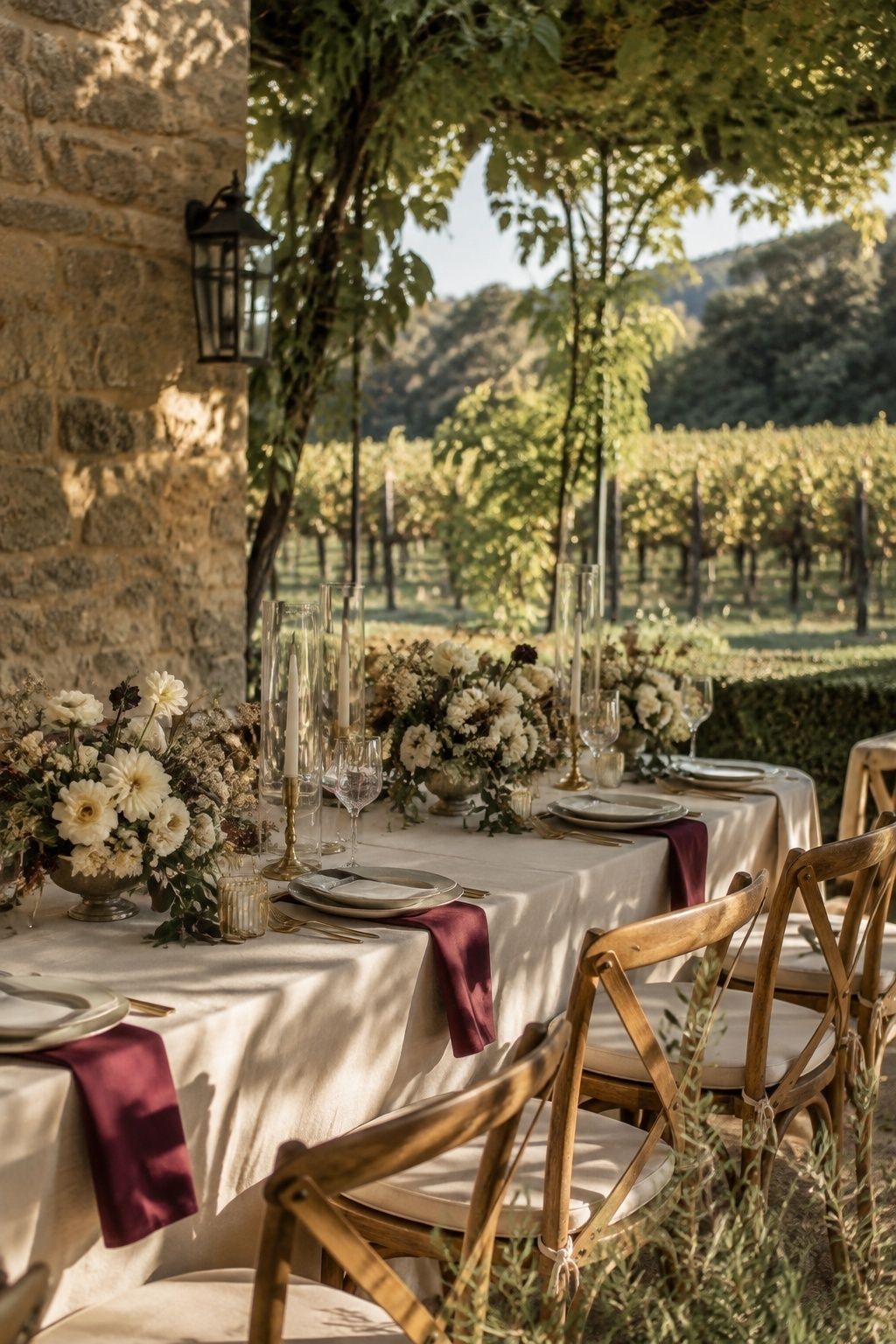 Plum and olive palette matched to season and setting