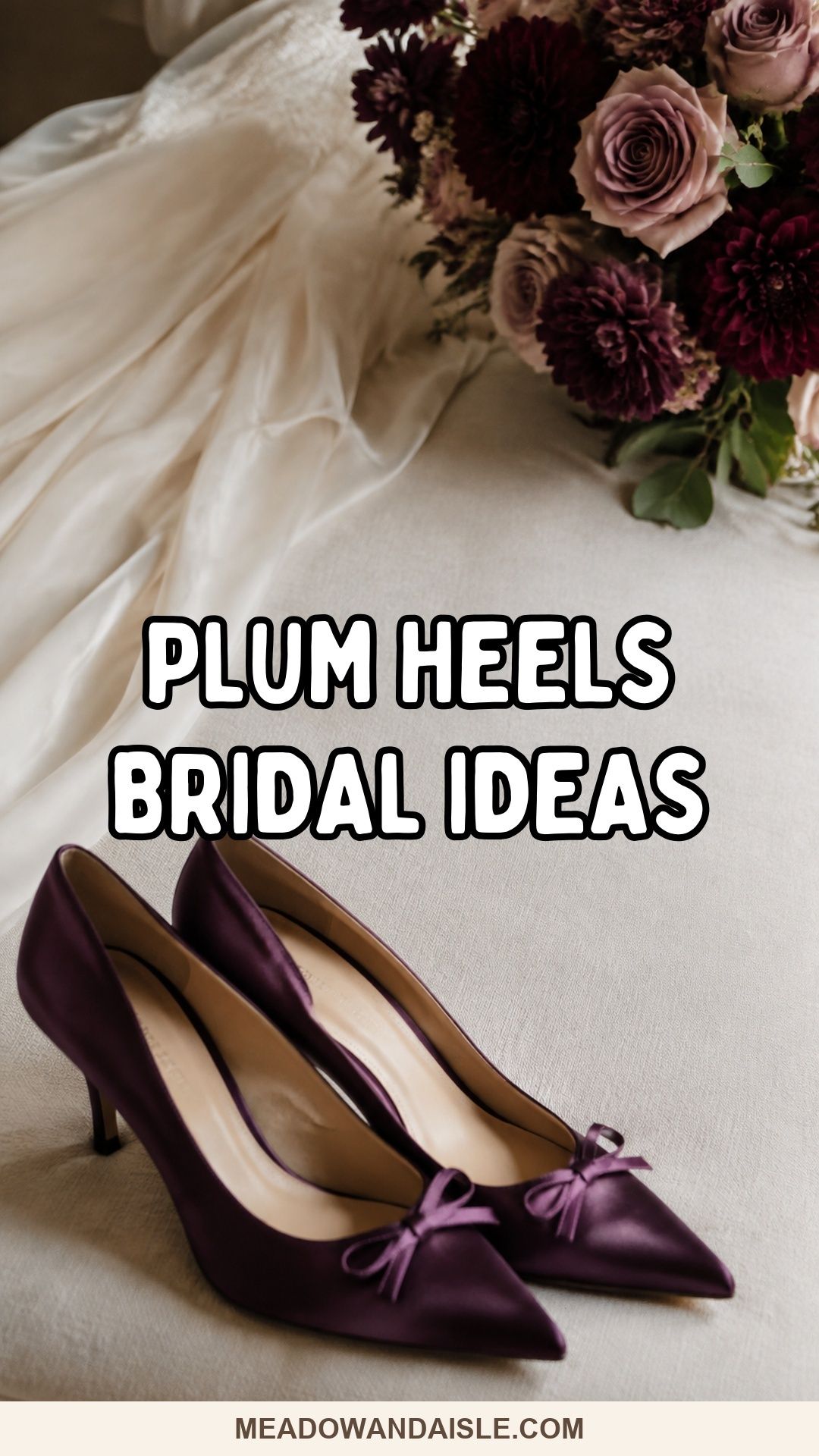 Plum bridal heels with a moody bouquet and ivory fabric