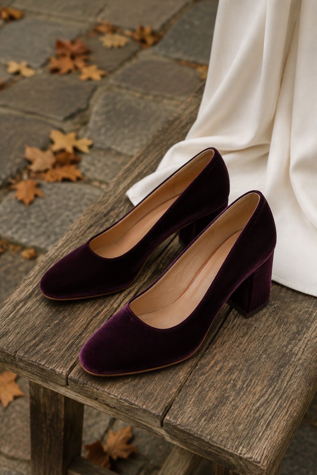Plum velvet bridal heels at a fall ceremony