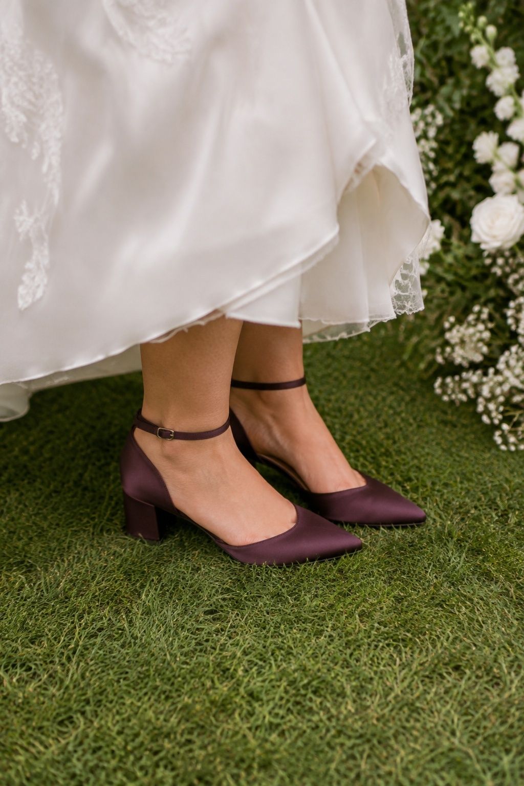Low plum block heels for a garden ceremony