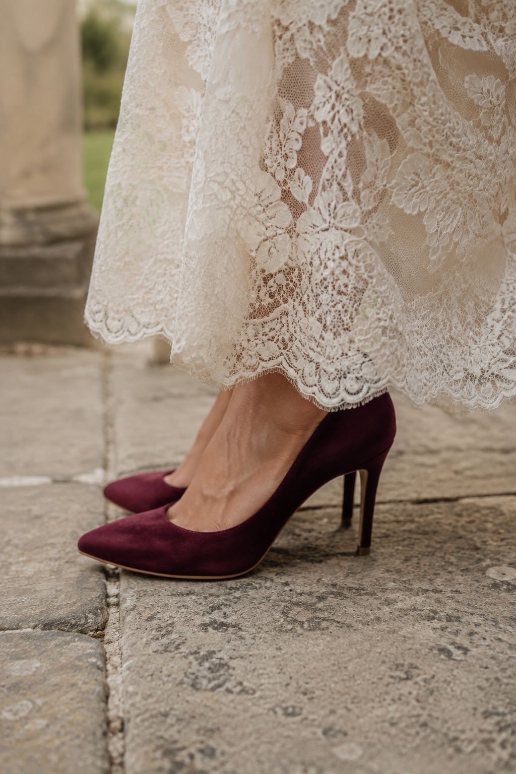 Merlot heels paired with ivory lace