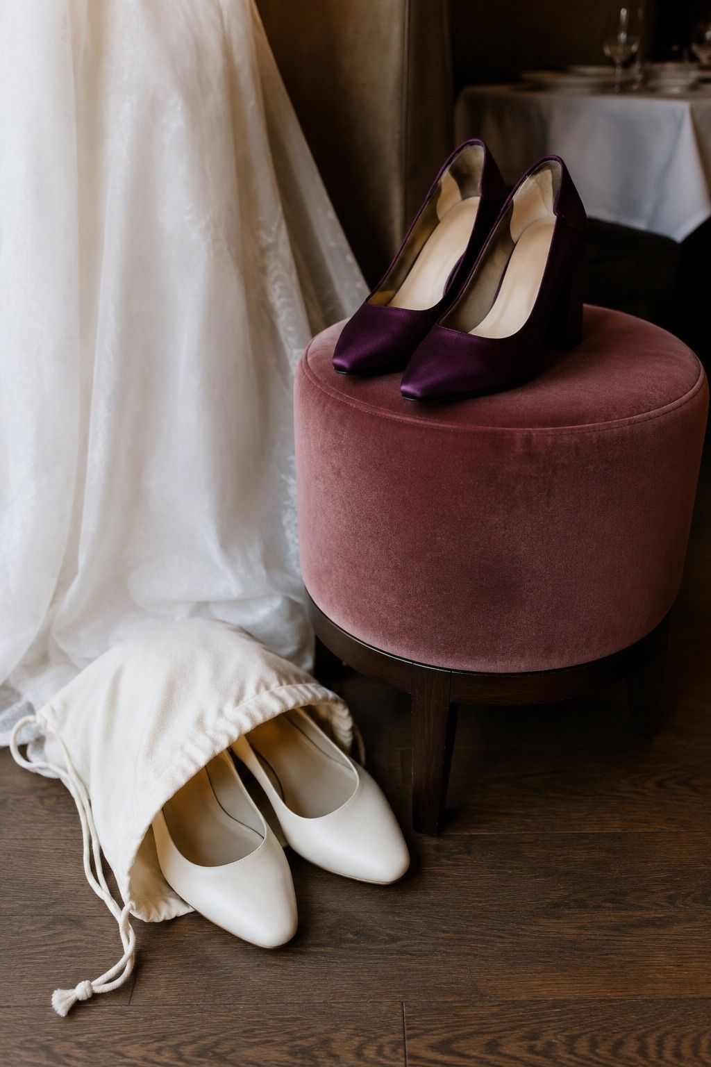 Plum heels as a reception shoe change