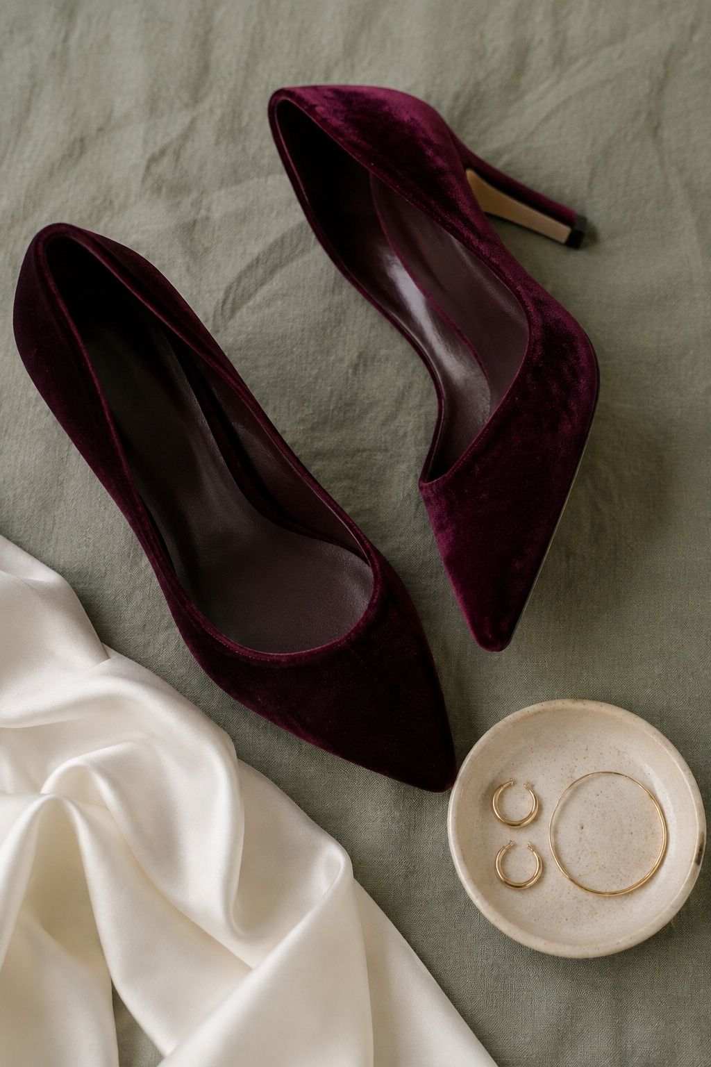 Dark berry bridal heels with gold jewelry