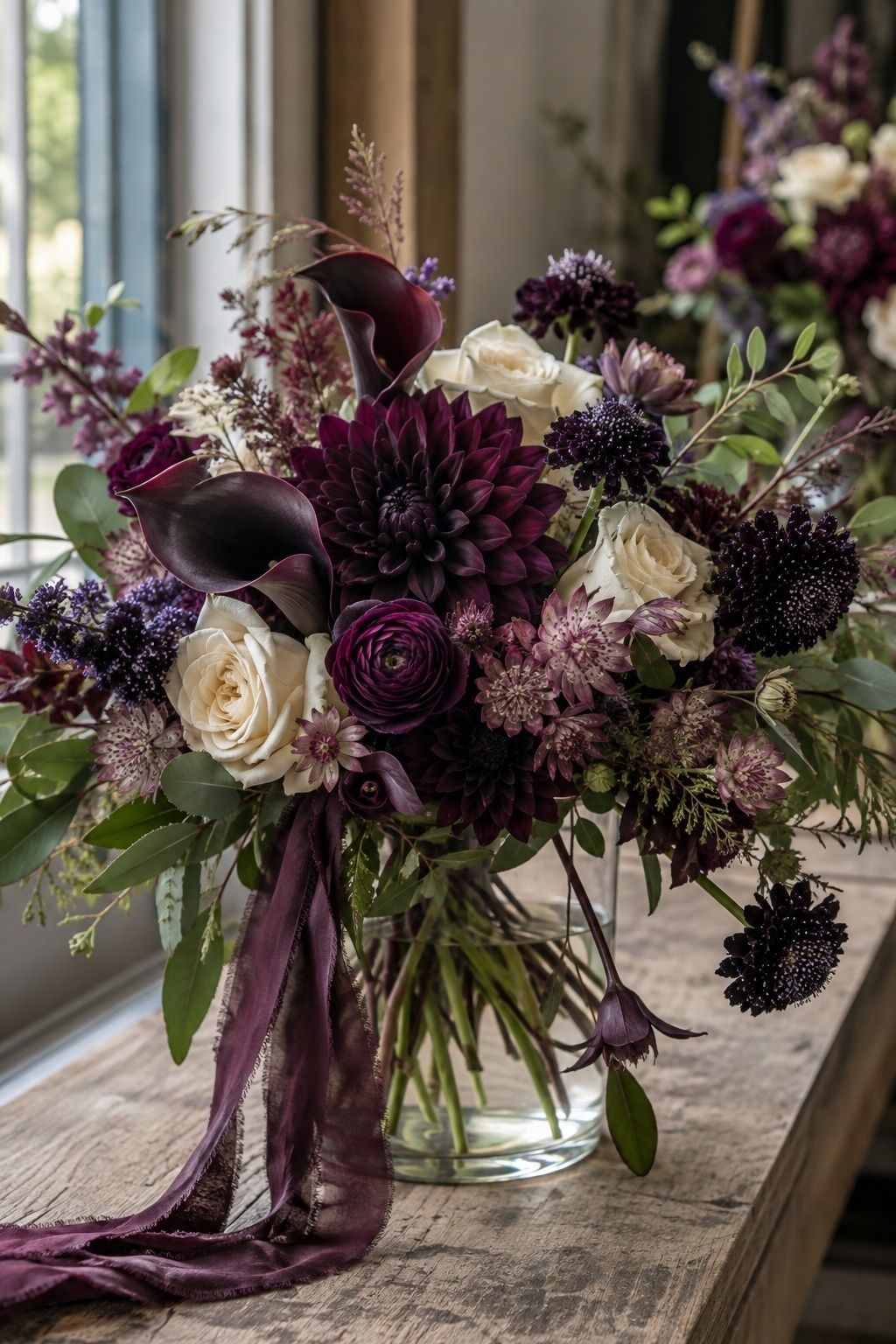 Deep purple flowers mixed with cream blooms