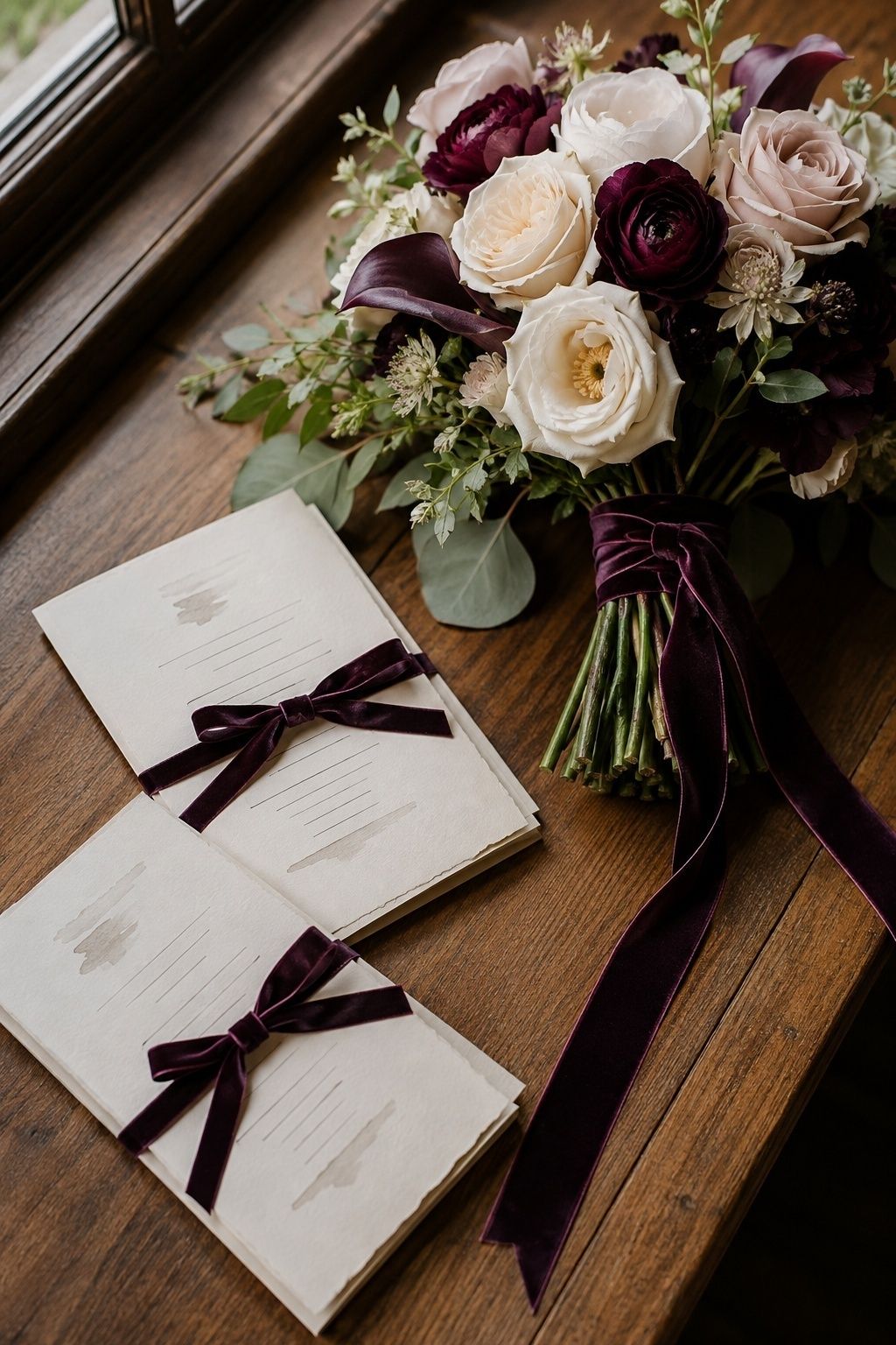 Velvet ribbon tied around a bouquet and menus
