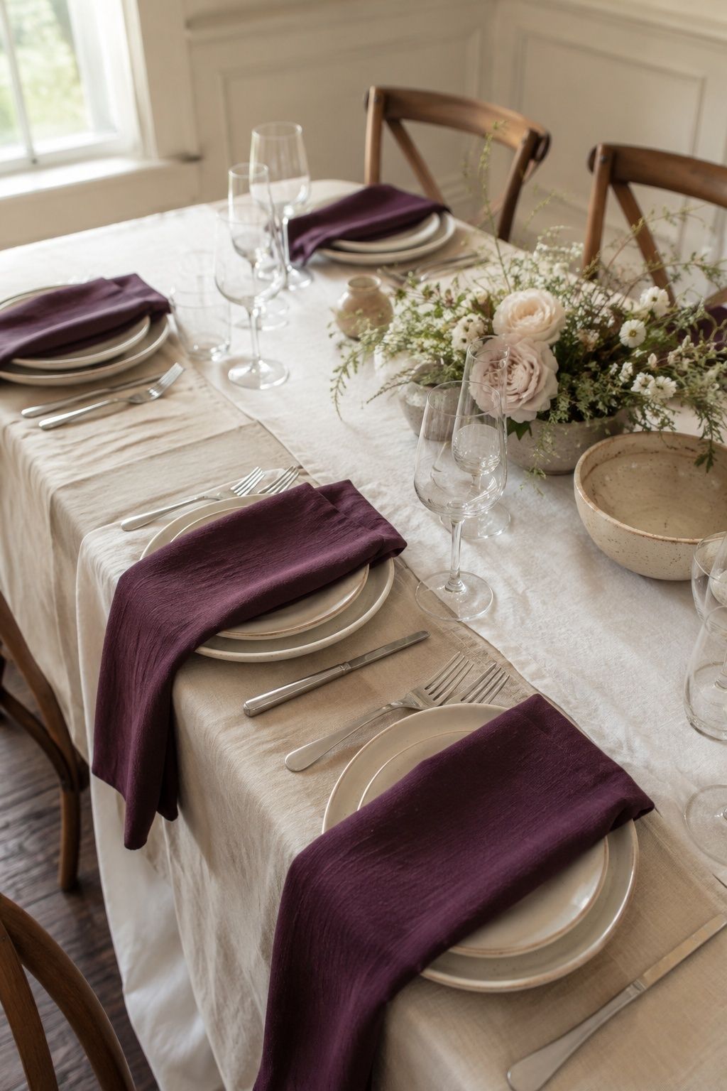 Plum napkins on neutral linens