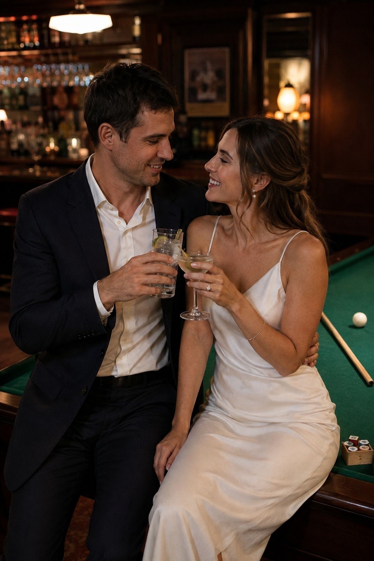 Pool hall engagement couple sharing a relaxed date-night drink beside the table