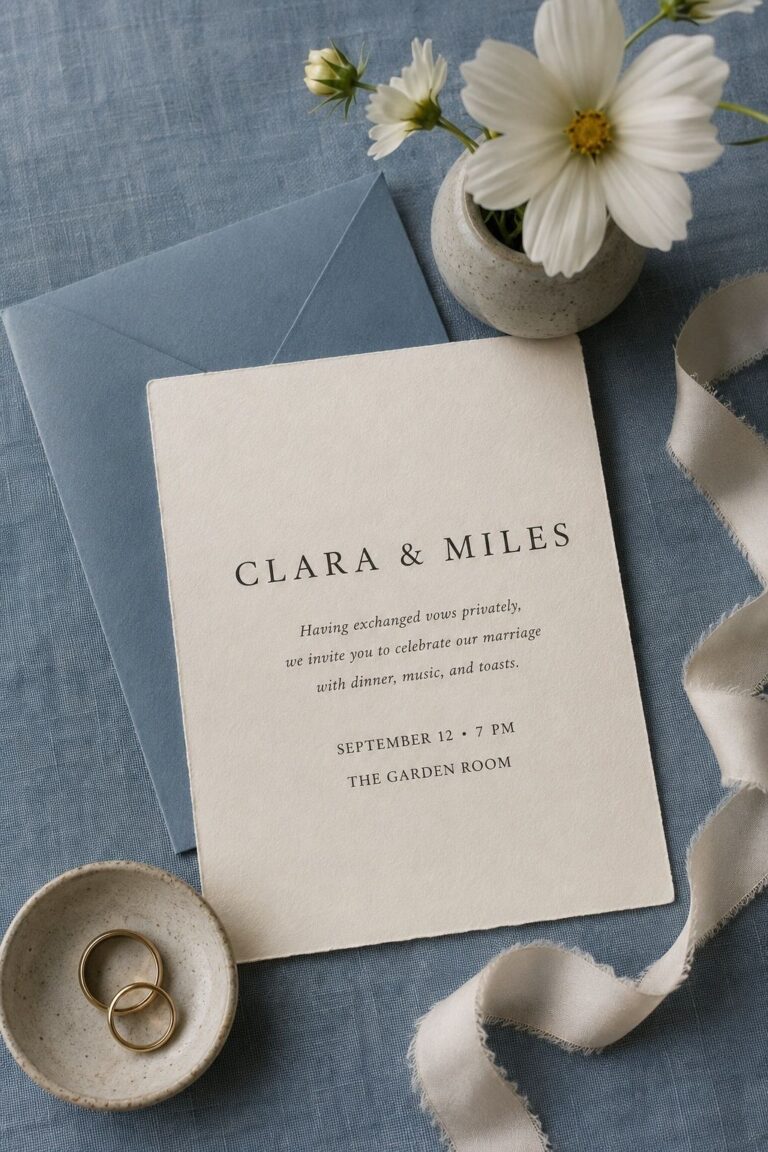 Formal post-elopement invitation on blue linen with wedding rings and white cosmos