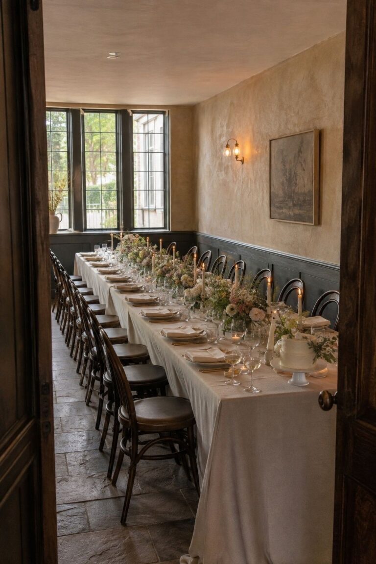 Intimate private dining room set for a post-elopement reception dinner