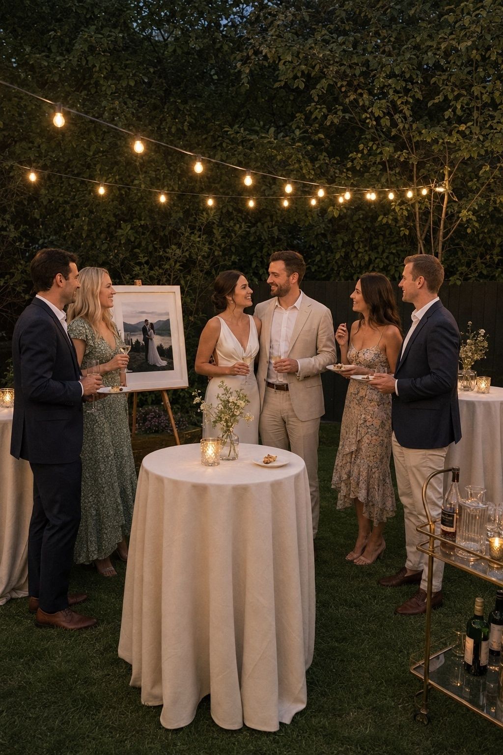 Newlyweds mingling with close friends at a backyard cocktail reception
