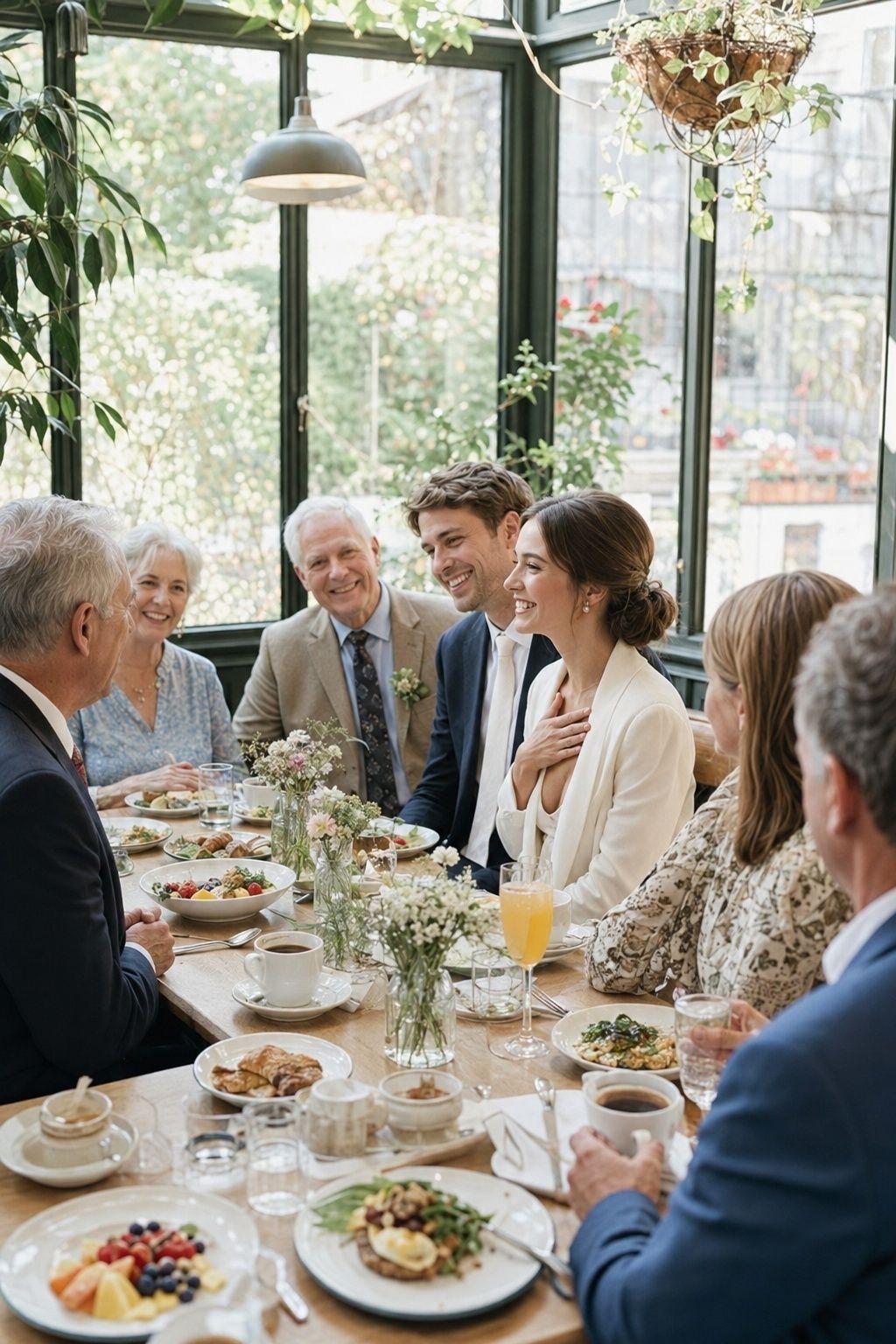 Newlyweds sharing a bright post-elopement brunch with family