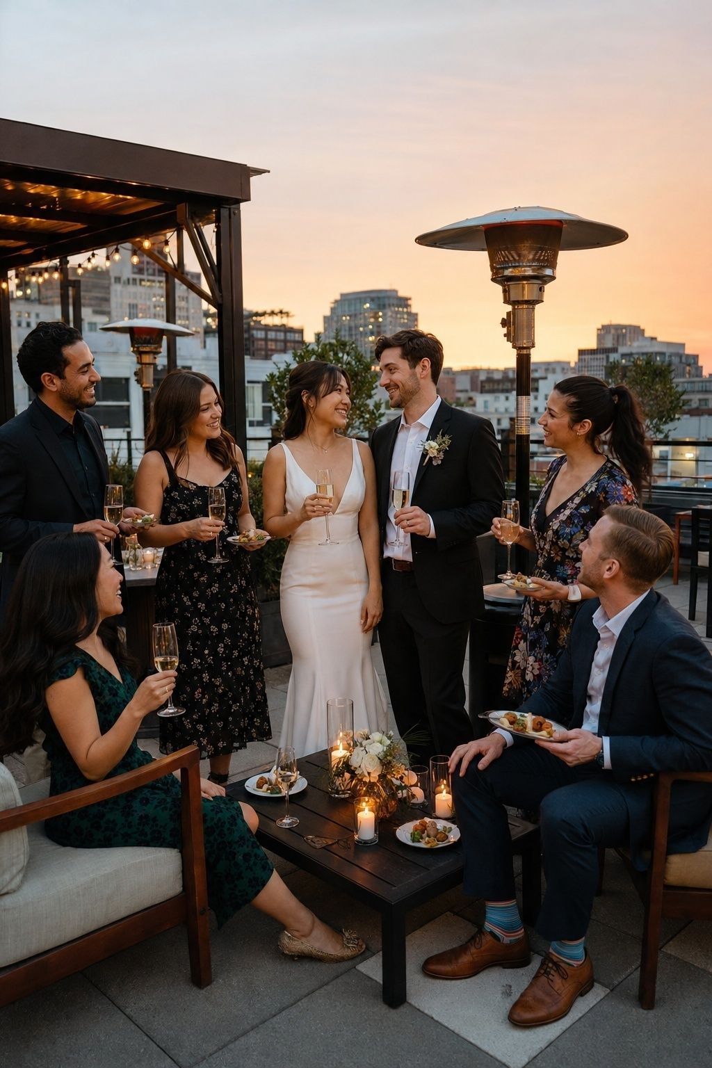 Small post-elopement reception with champagne on a city terrace