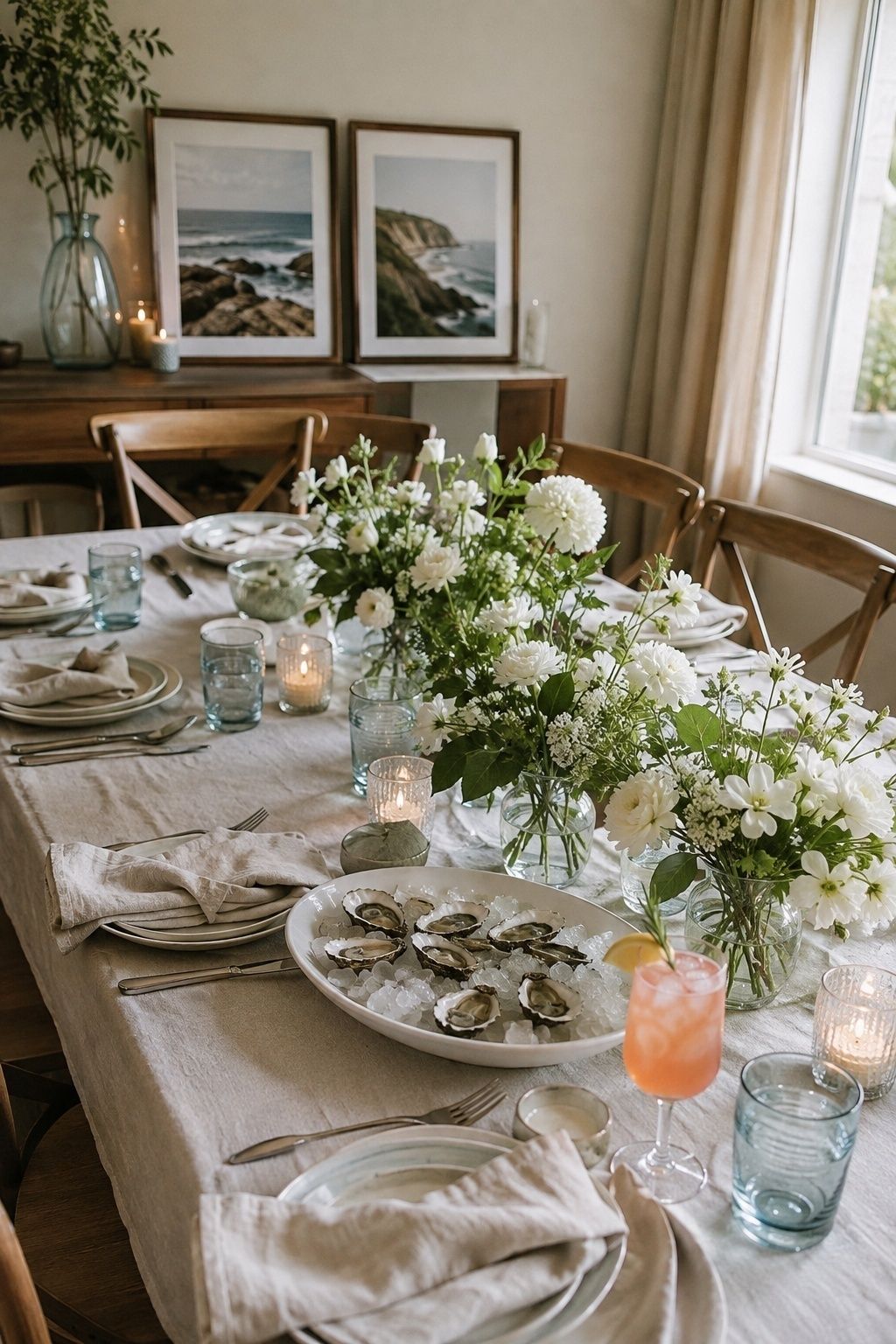 Coastal-inspired post-elopement table with oysters, linen and blue glass