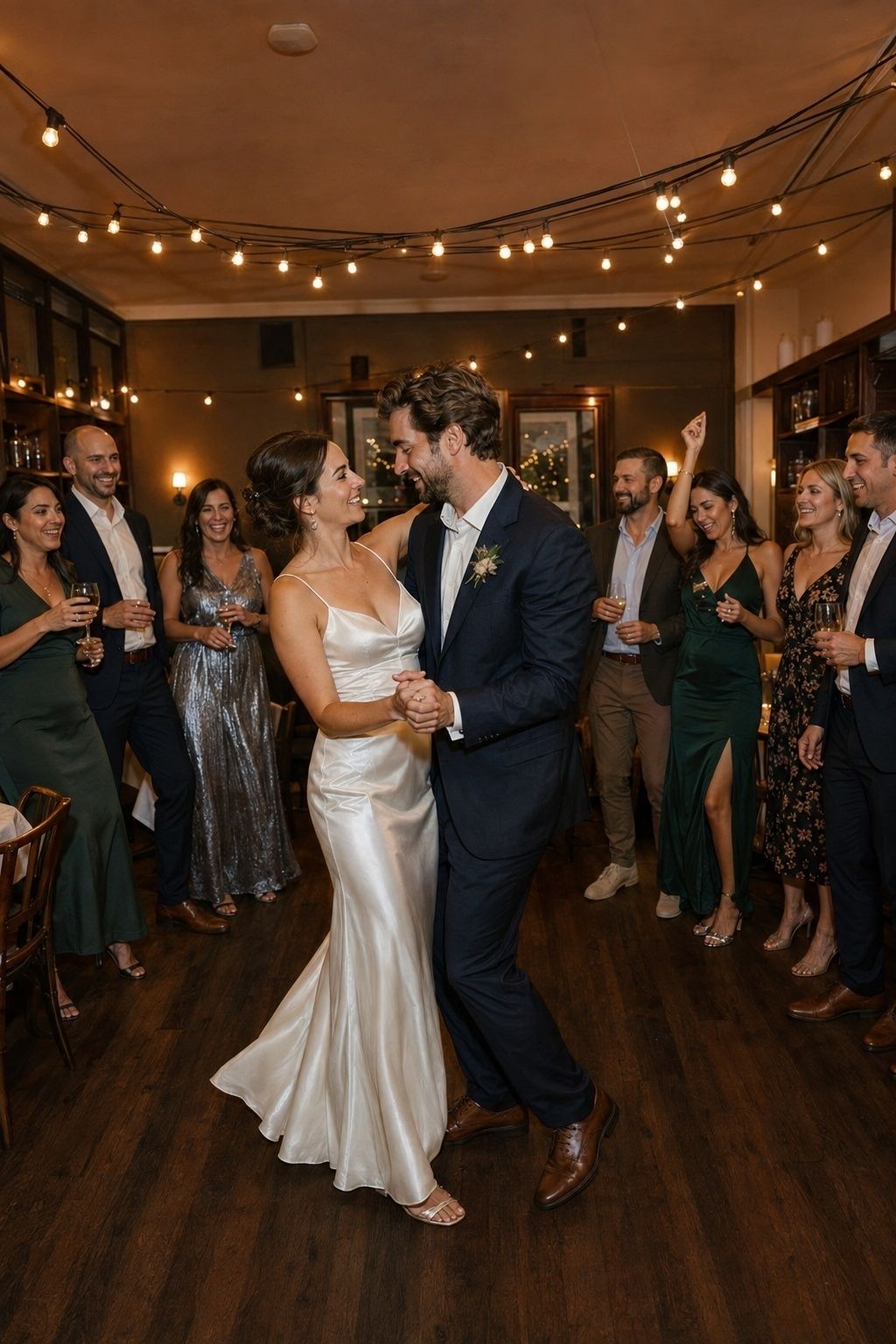 Newlyweds sharing a first dance at a small post-elopement reception