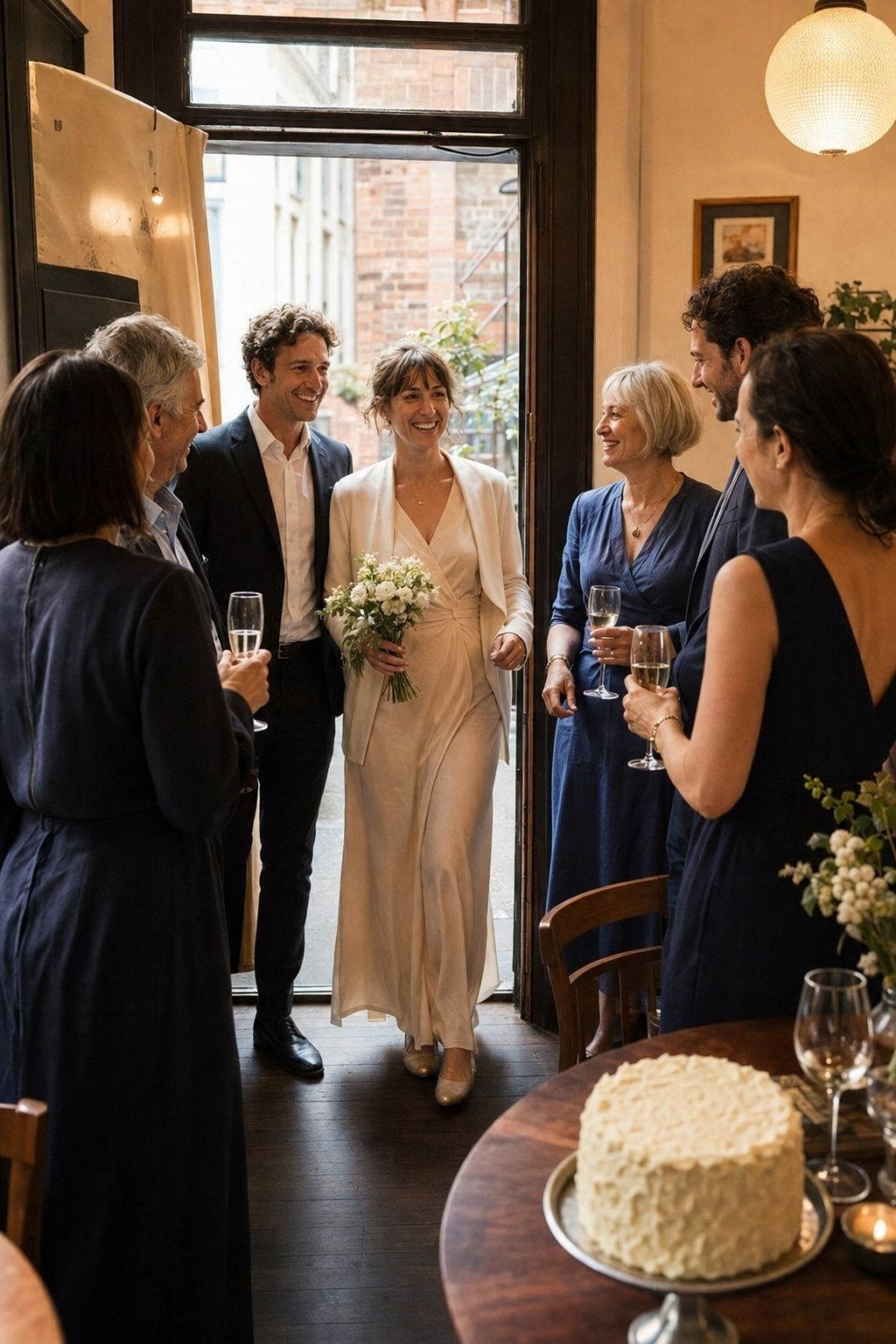 Newlyweds arriving at a simple reception after a private ceremony