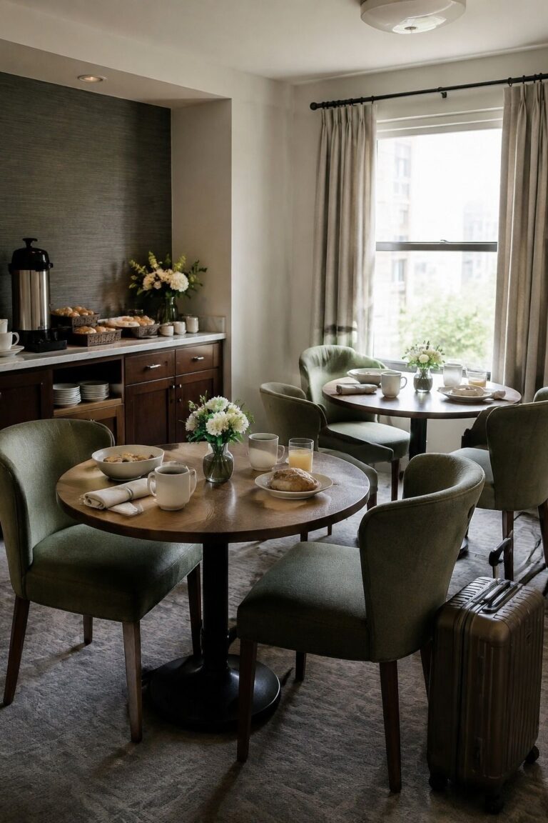 Hotel breakfast nook with small tables, coffee, pastries and a suitcase