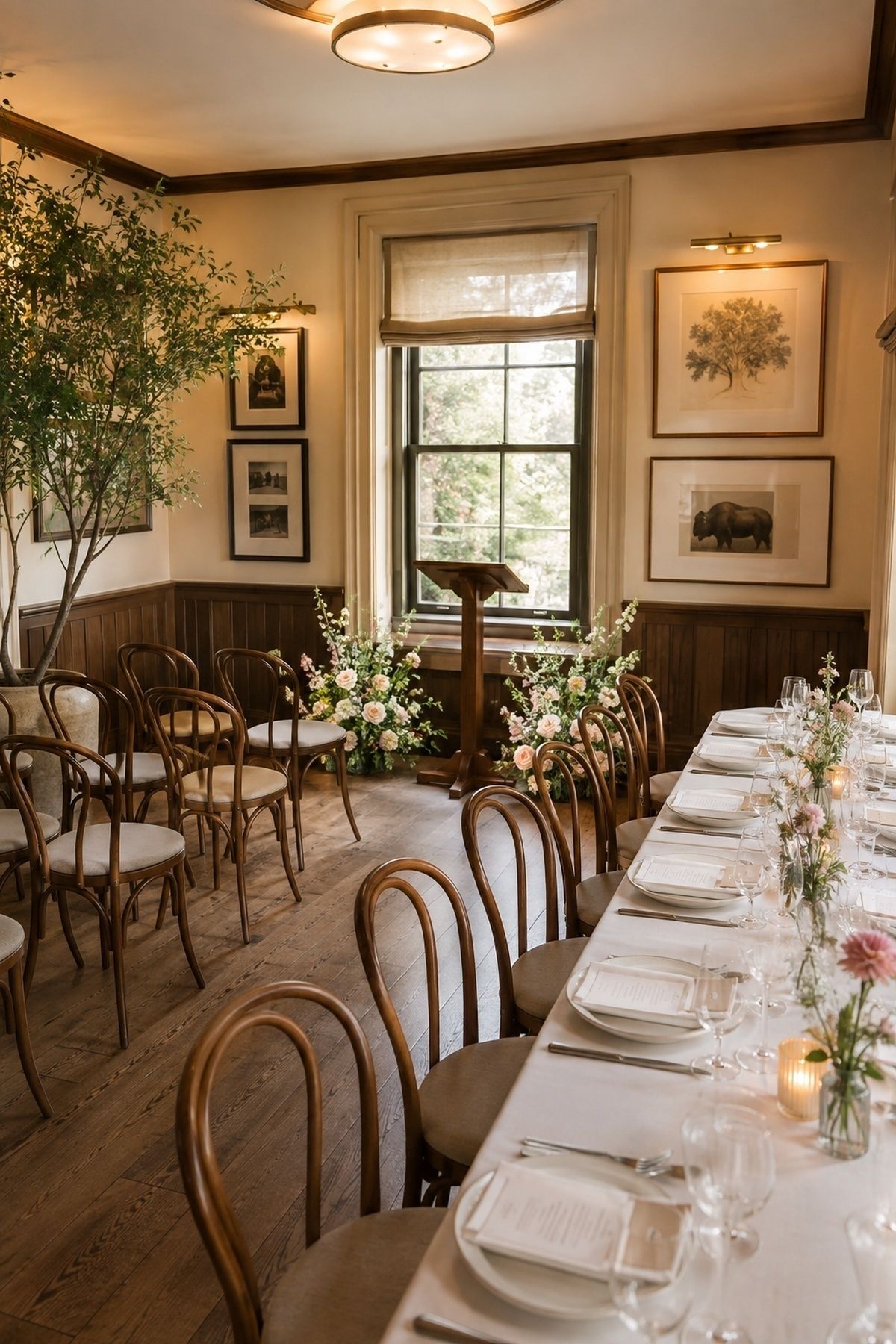 Private dining room set for a ceremony, dinner or both