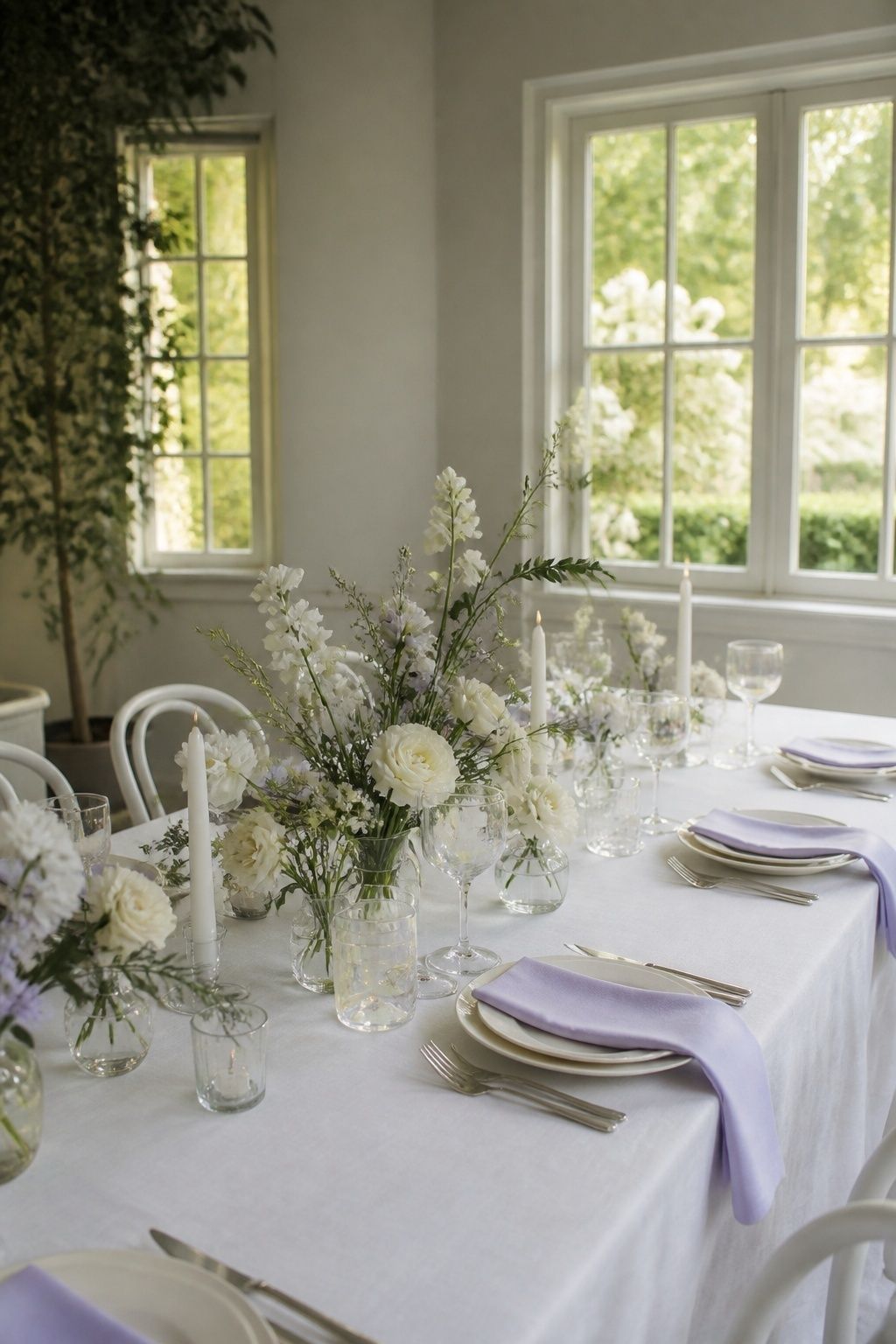Pearl-white intimate wedding table with restrained lavender and opal accents