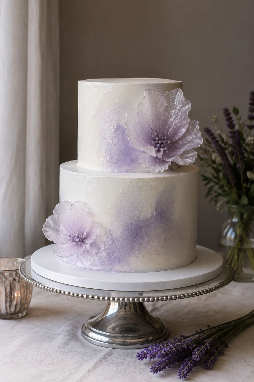 Small pearl-white wedding cake with soft lavender shimmer on a silver stand