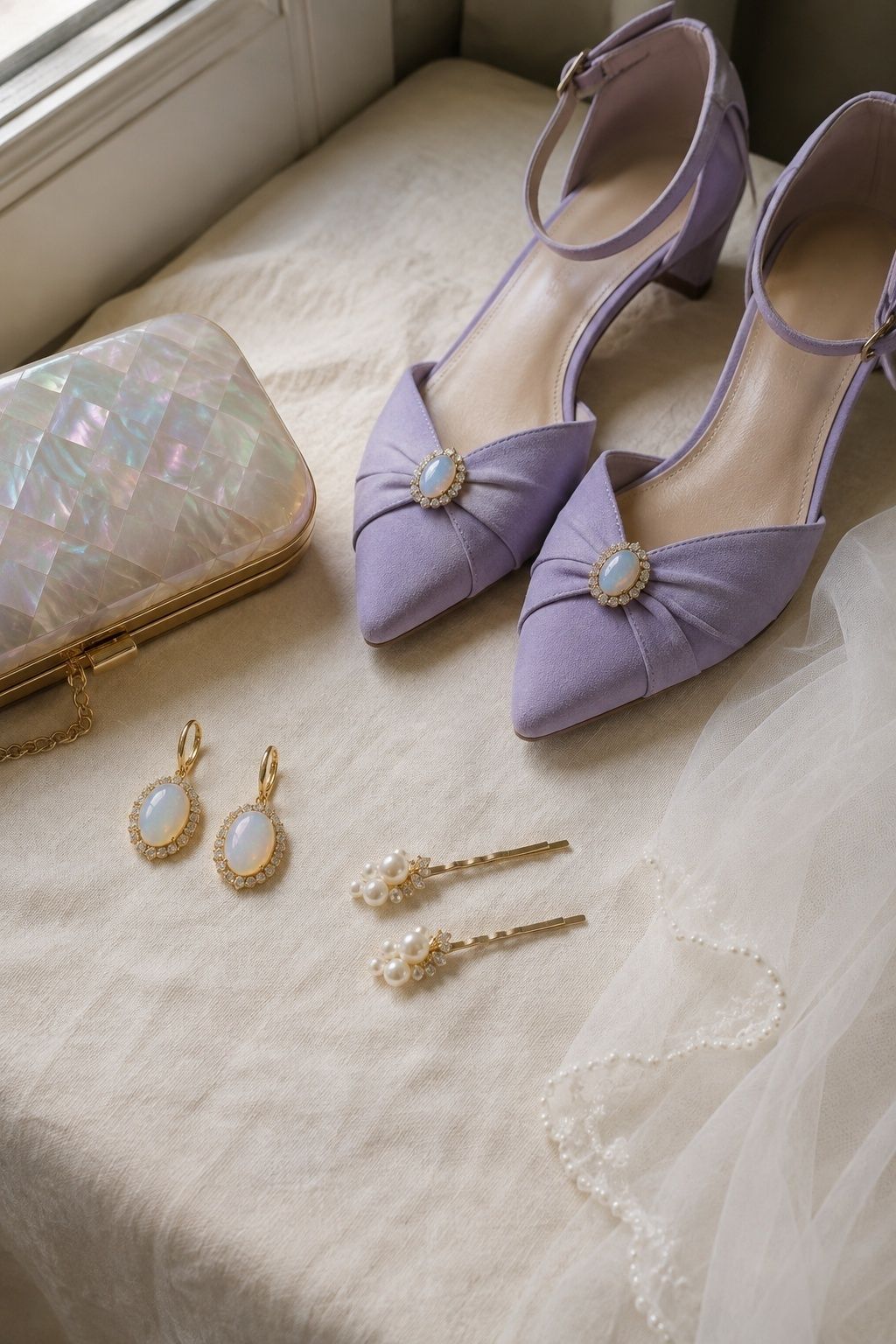 Opal earrings, pearl hair pins, lavender bridal shoes, and iridescent clutch