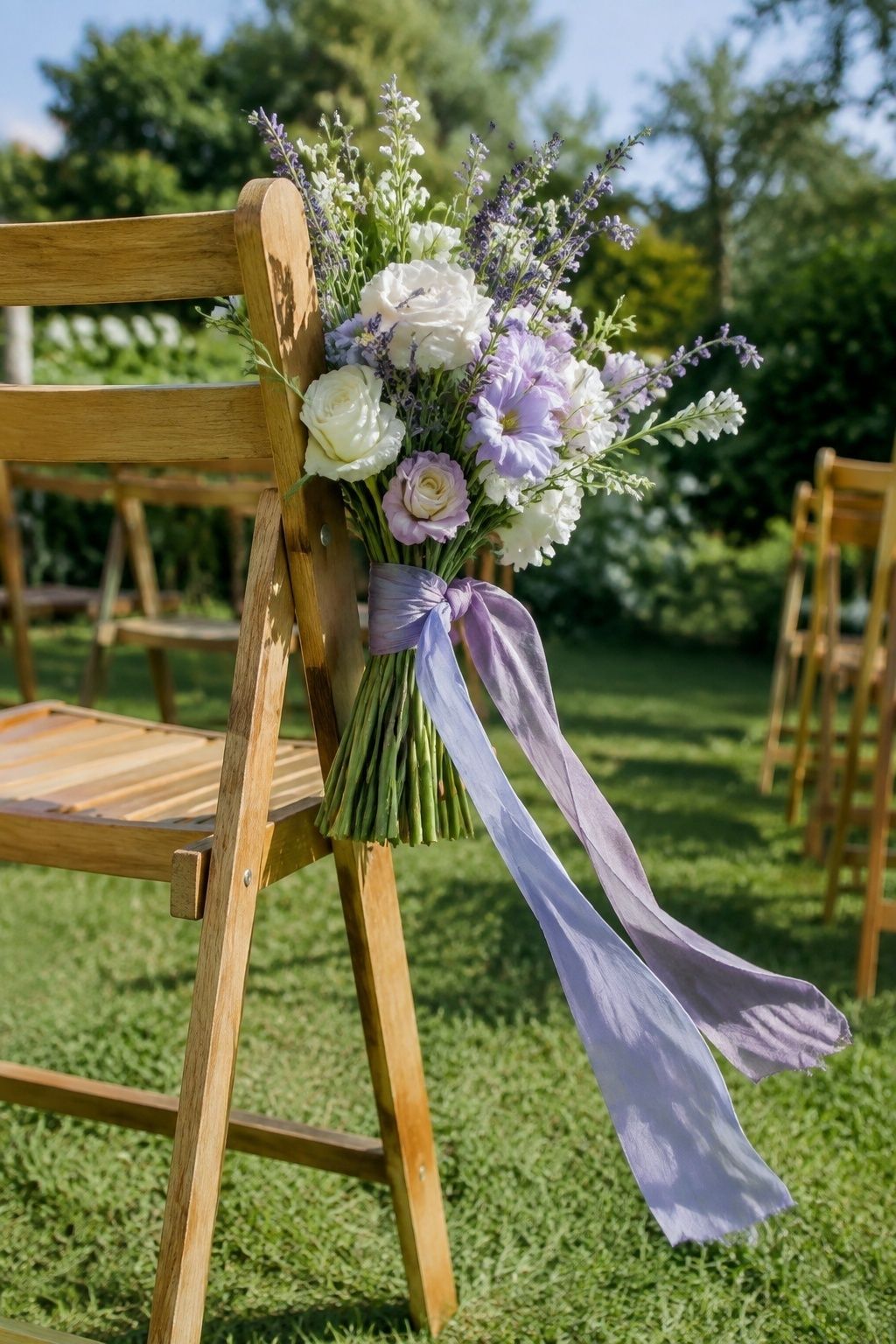 Wedding bouquet tied with softly trailing lavender silk ribbon