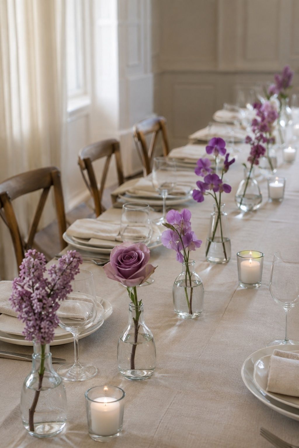 Clear bud vases with single purple flower stems on an intimate wedding table