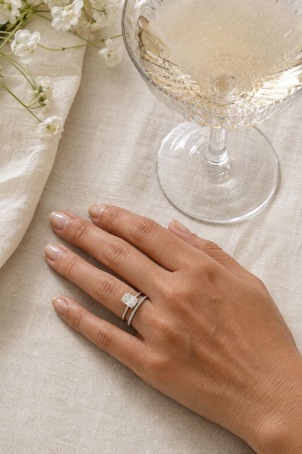 Fine, low pave band in a radiant ring stack