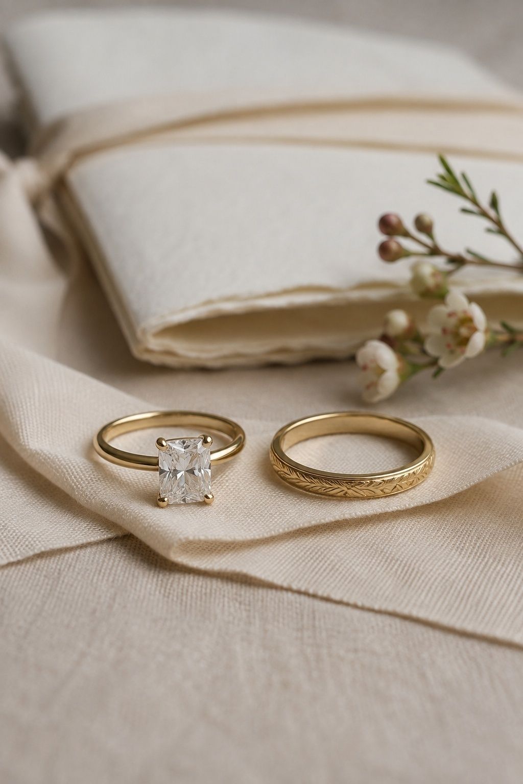 Engraved wedding band stacked with a radiant ring