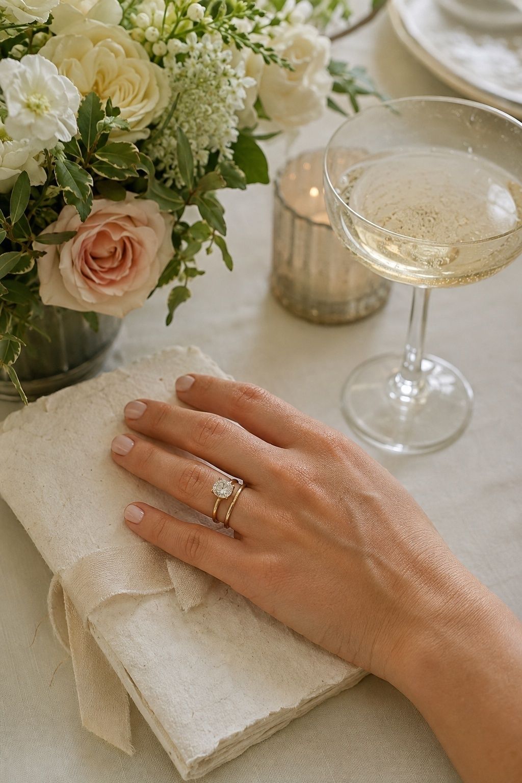 Radiant ring stack styled for wedding photos