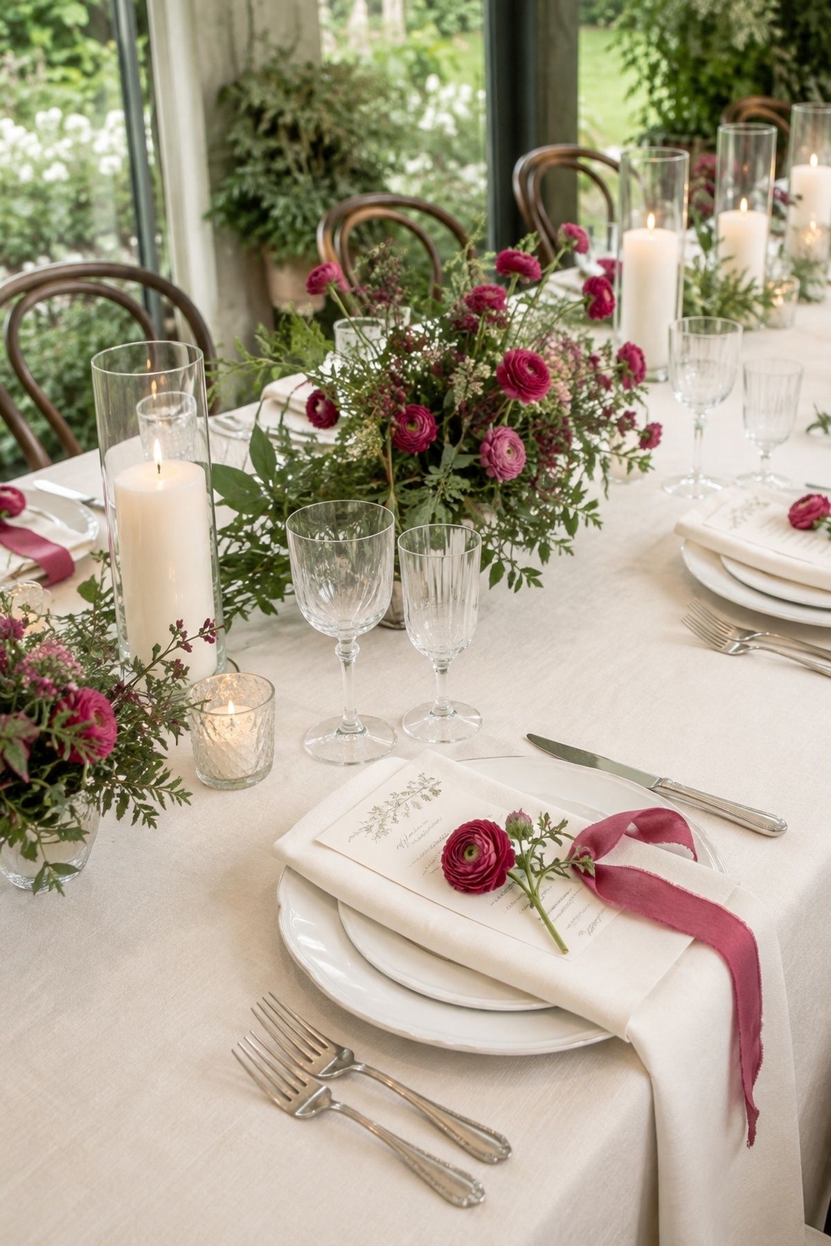 Cream linen balancing raspberry accents