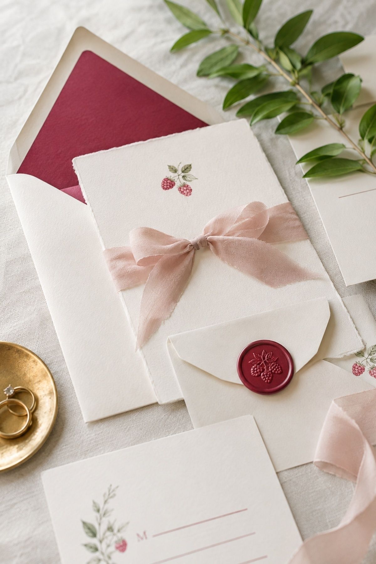 Raspberry-coloured wedding stationery
