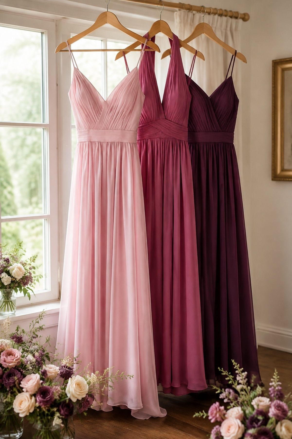 Bridesmaids in soft berry shades