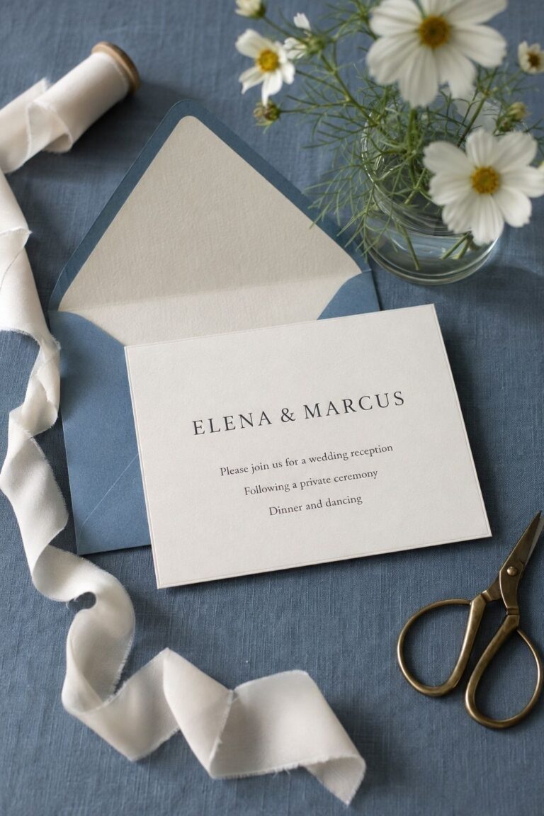 Ivory reception invitation on blue linen with an envelope, ribbon and white cosmos.