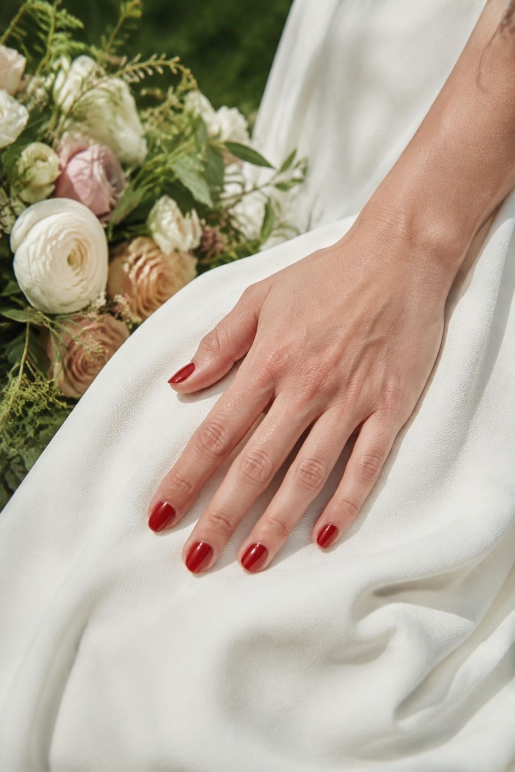 Cherry red bridal nails against an ivory wedding dress with a soft garden bouquet.