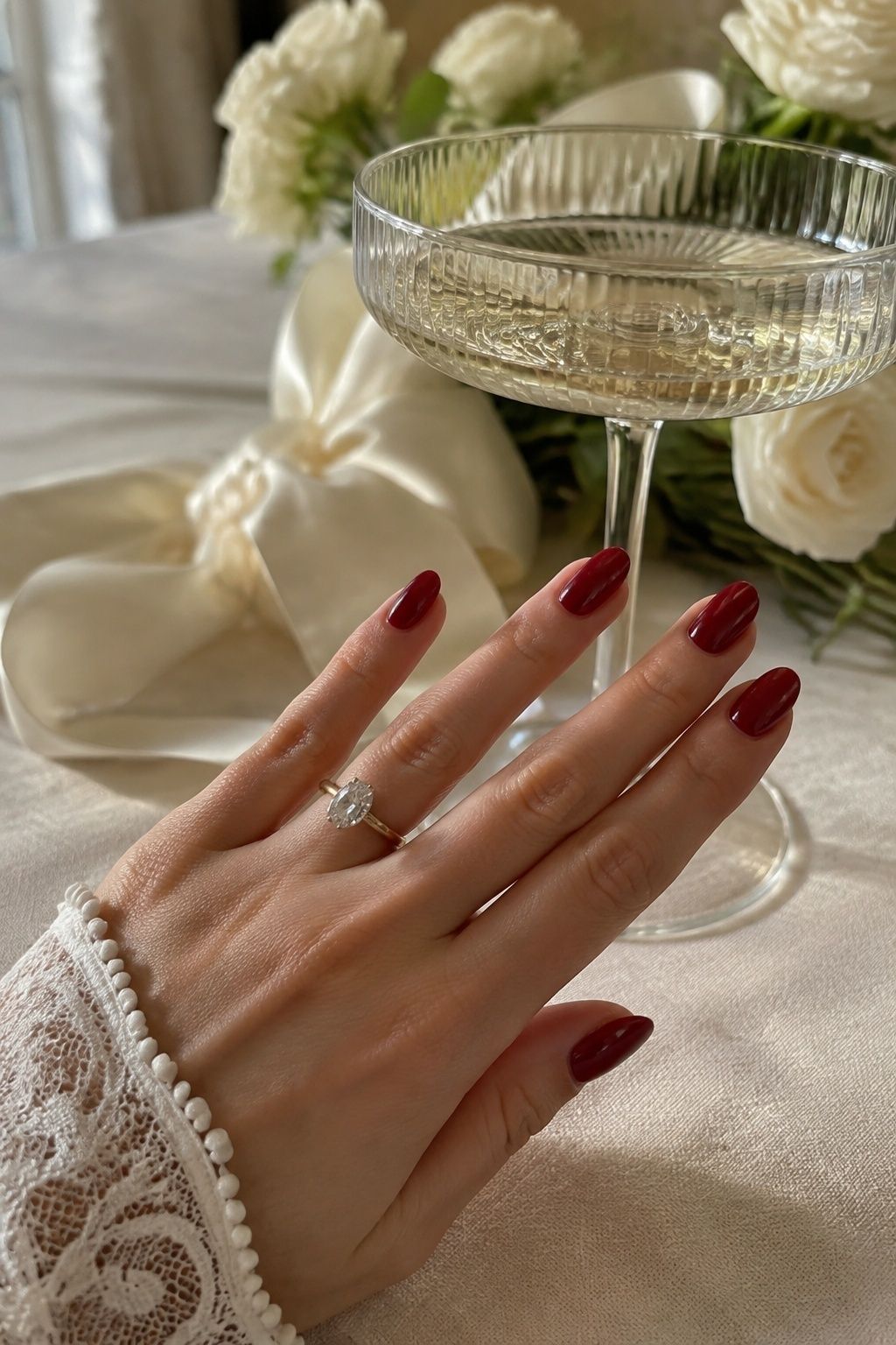 Glossy ruby red almond bridal nails beside a champagne coupe and cream flowers.