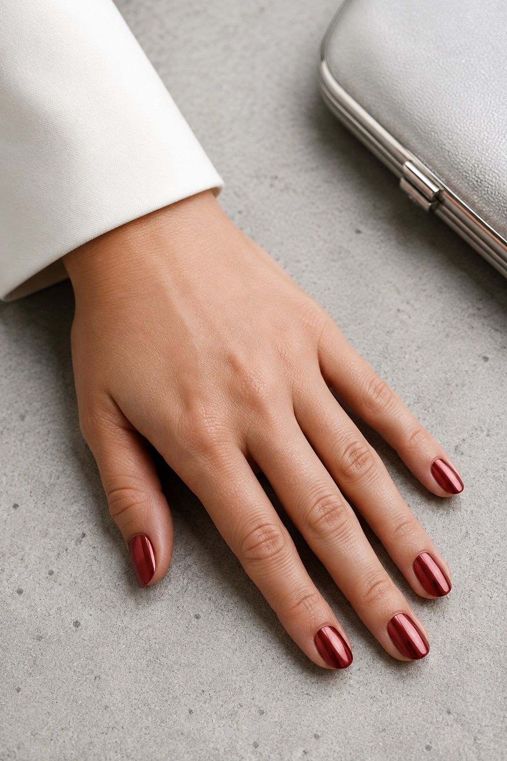 Modern bride's hand with softly glazed red chrome nails beside an ivory suit and silver clutch.